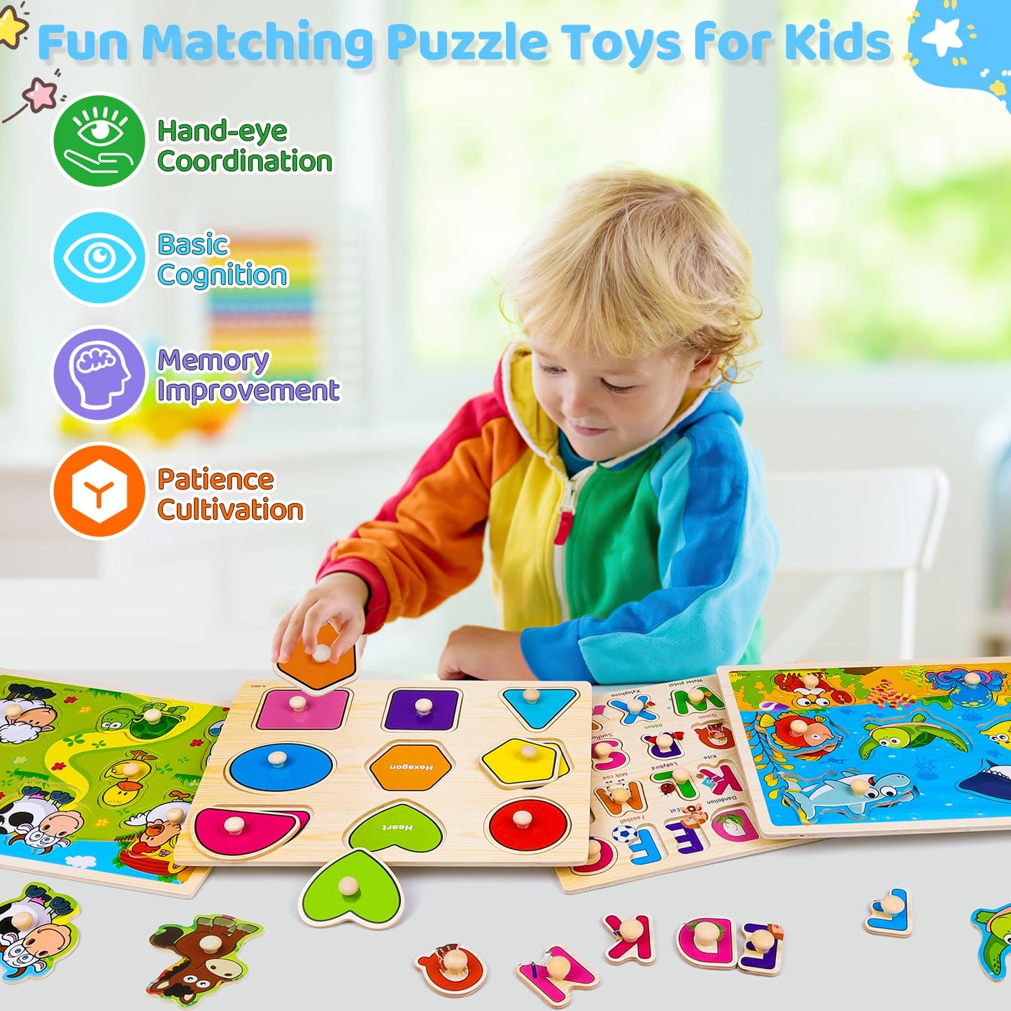 Wooden Peg Puzzles for Toddlers – 4 Pack Montessori Learning Toys with Animals, Shapes & Alphabet, Educational Gifts for Kids Ages 1-4