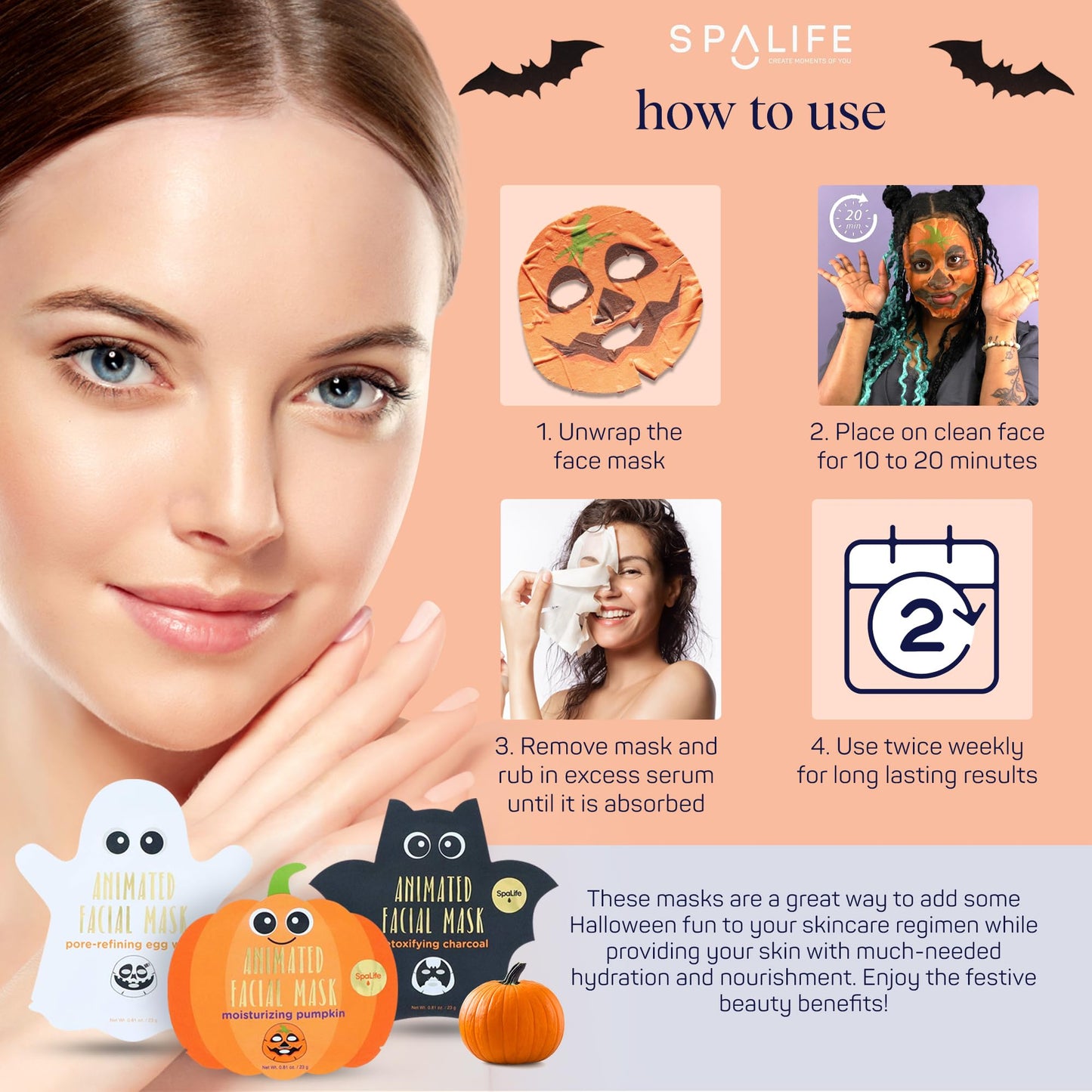 SpaLife Halloween Facial Mask Sheet Bundle – Pumpkin, Ghost & Bat Moisturizing Face Masks for Women – Hydrating Skincare Spa Beauty Pack