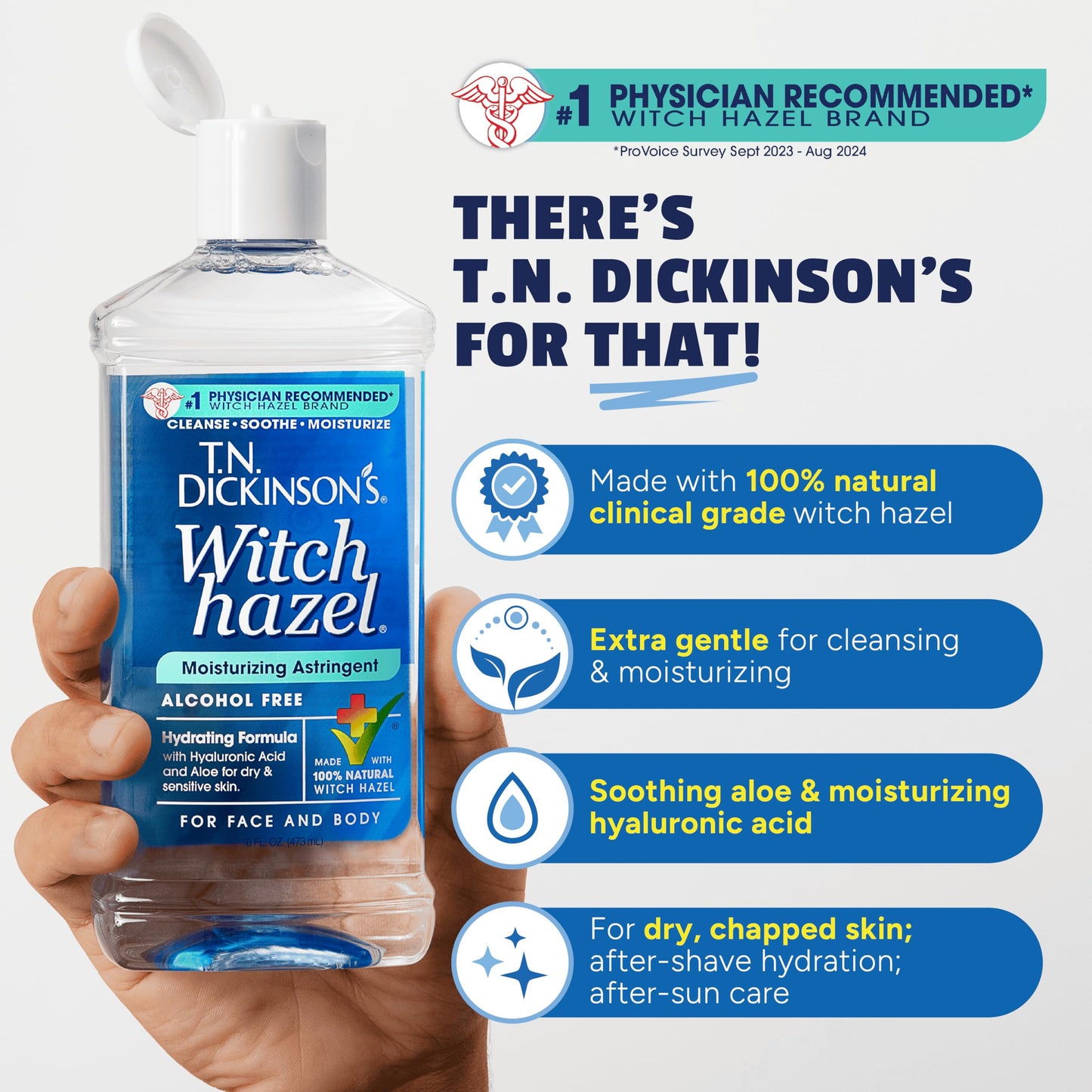 T.N. Dickinson's Alcohol-Free Witch Hazel Astringent – 100% Natural, Hydrates & Soothes Face & Body, 16 Fl Oz