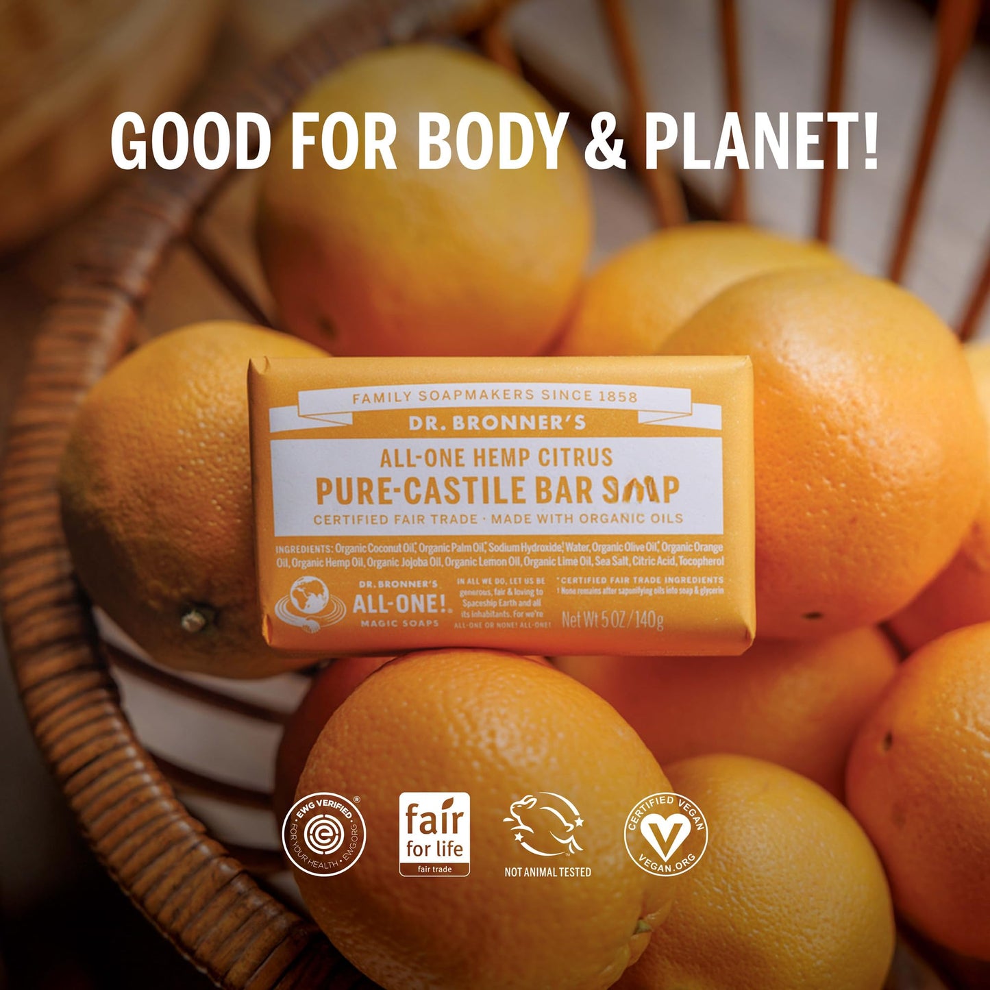 Dr. Bronner's Pure-Castile Magic Bar Soaps, 2-Pack 5oz | Vegan, Organic Oils, Citrus Scent, Face, Body & Hair for Men & Women