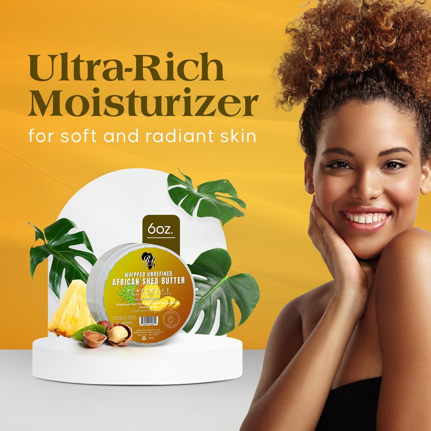 RA COSMETICS Whipped Shea Butter Pineapple 6oz – 100% Pure Natural African Shea Butter, Handcrafted Moisturizer with Vitamins for Skin