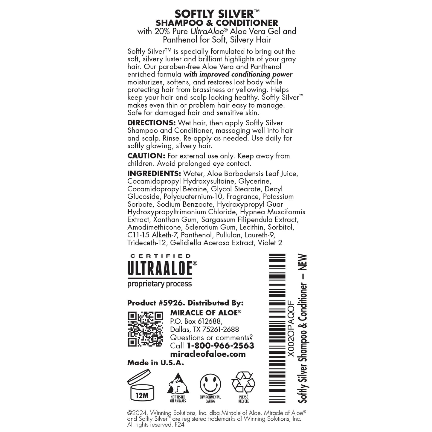Softly Silver 2-in-1 Purple Shampoo for Gray Hair | Restorative Conditioning Wash with Panthenol & 20% Pure UltraAloe | Adds Luster & Body