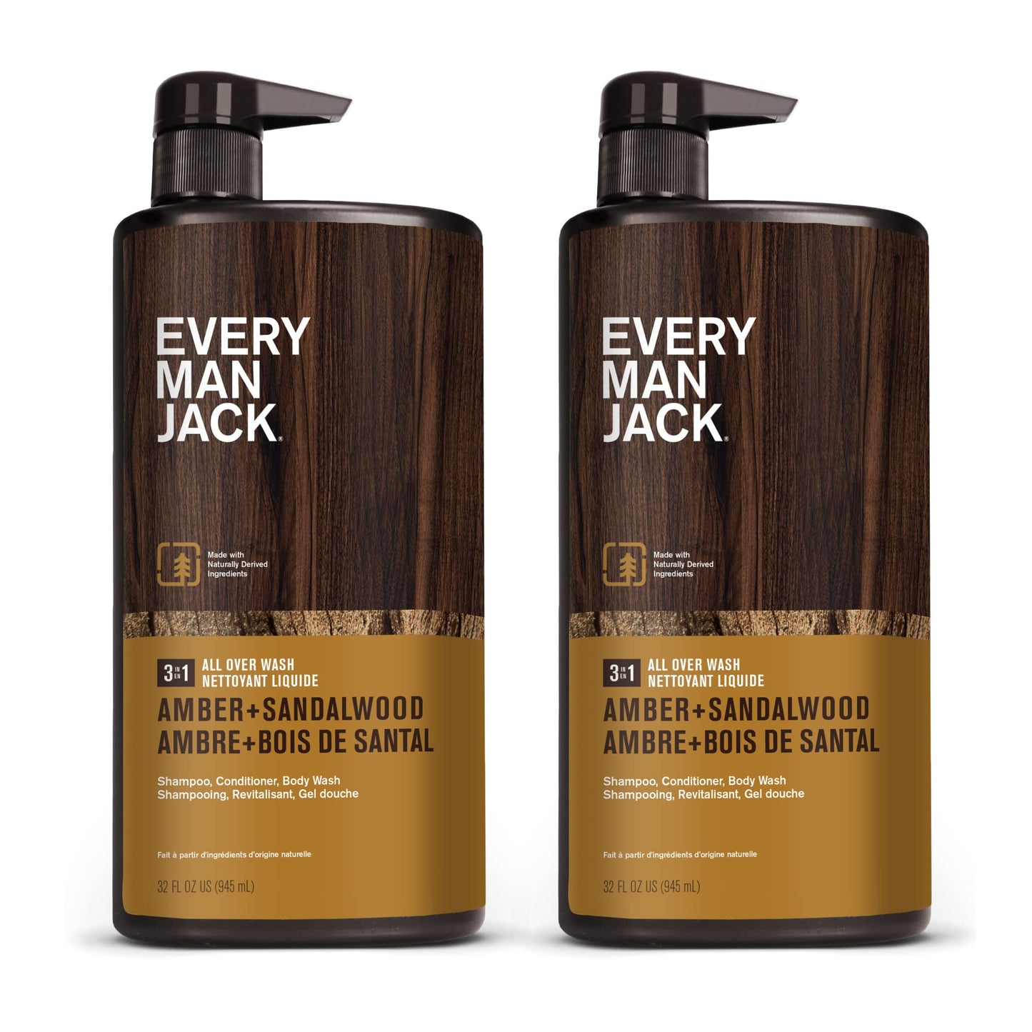 Every Man Jack 3-in-1 All Over Wash for Men, Amber + Sandalwood | Cleanse, Nourish & Protect Skin & Hair | Soy Protein, Aloe & Glycerin | 2-Pack