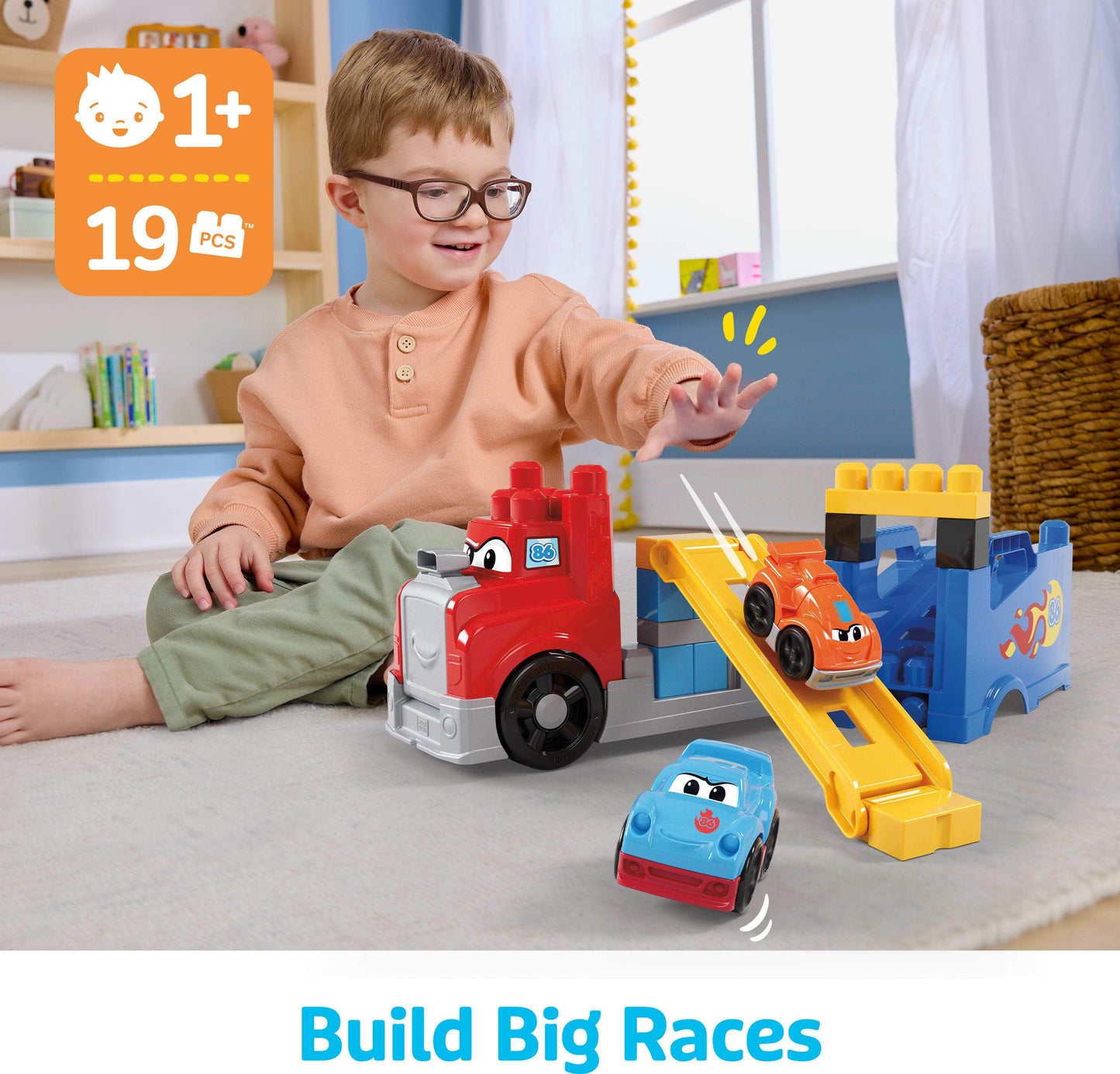 MEGA BLOKS First Builders Toddler Building Blocks Toy Set, Build & Race Rig with 19 Pieces, 2 Race Cars and Storage, Red, Ages 1+ Years