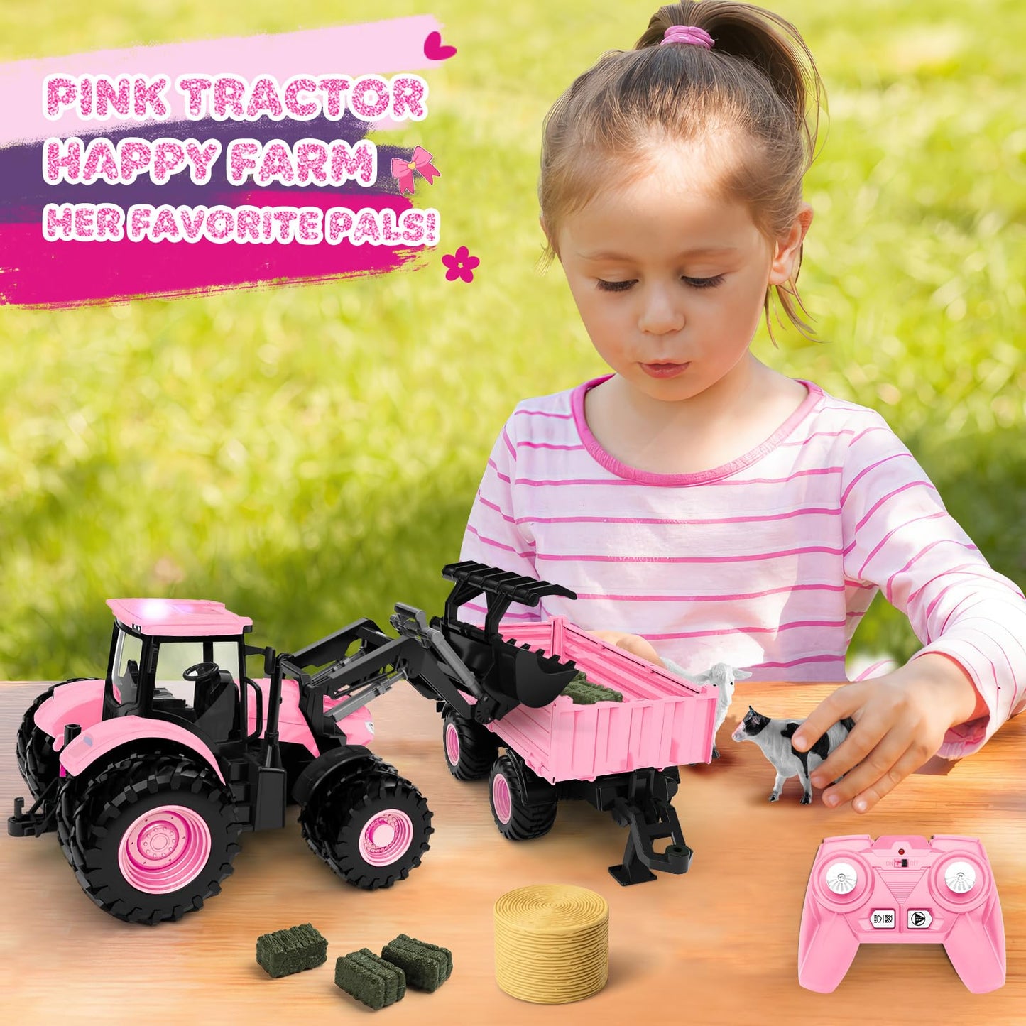 Remote Control Tractor Toy 2025 – RC Tractor, Truck & Trailer with Front Loader, 8-Wheel Lights, Metal Farm Vehicle for Kids 3-9, Pink Gift