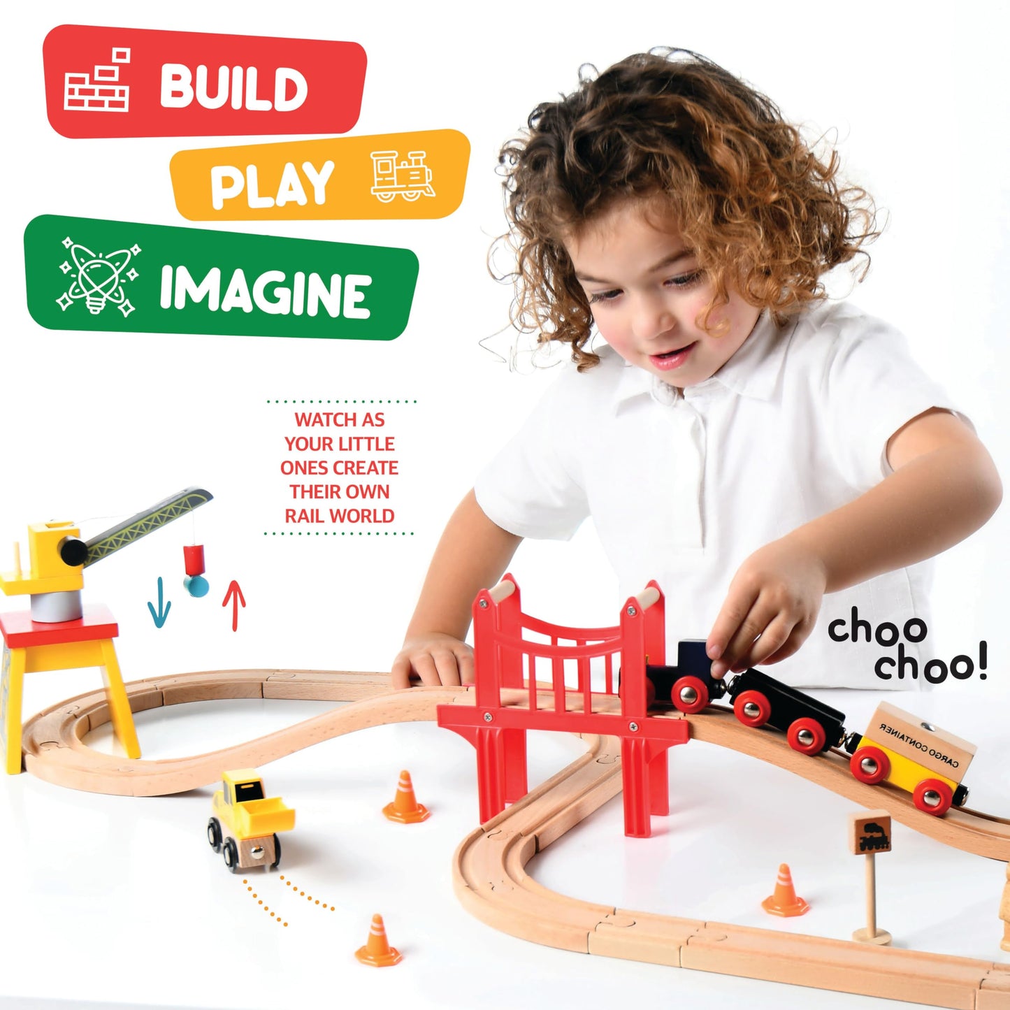 Play22 Wooden Train Set Toddler Toys - 38 Pieces Wood Train Track Set for Toddlers 3-4 Years with Crane, Bridge & Accessories