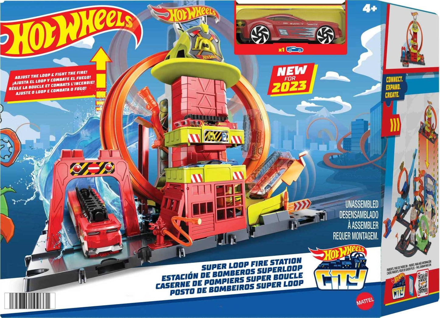 Hot Wheels City Fire Station Playset with 1 Car, Kid-Powered Elevator, Super Loop, Water-Style Ramp & Track Features, Connectable