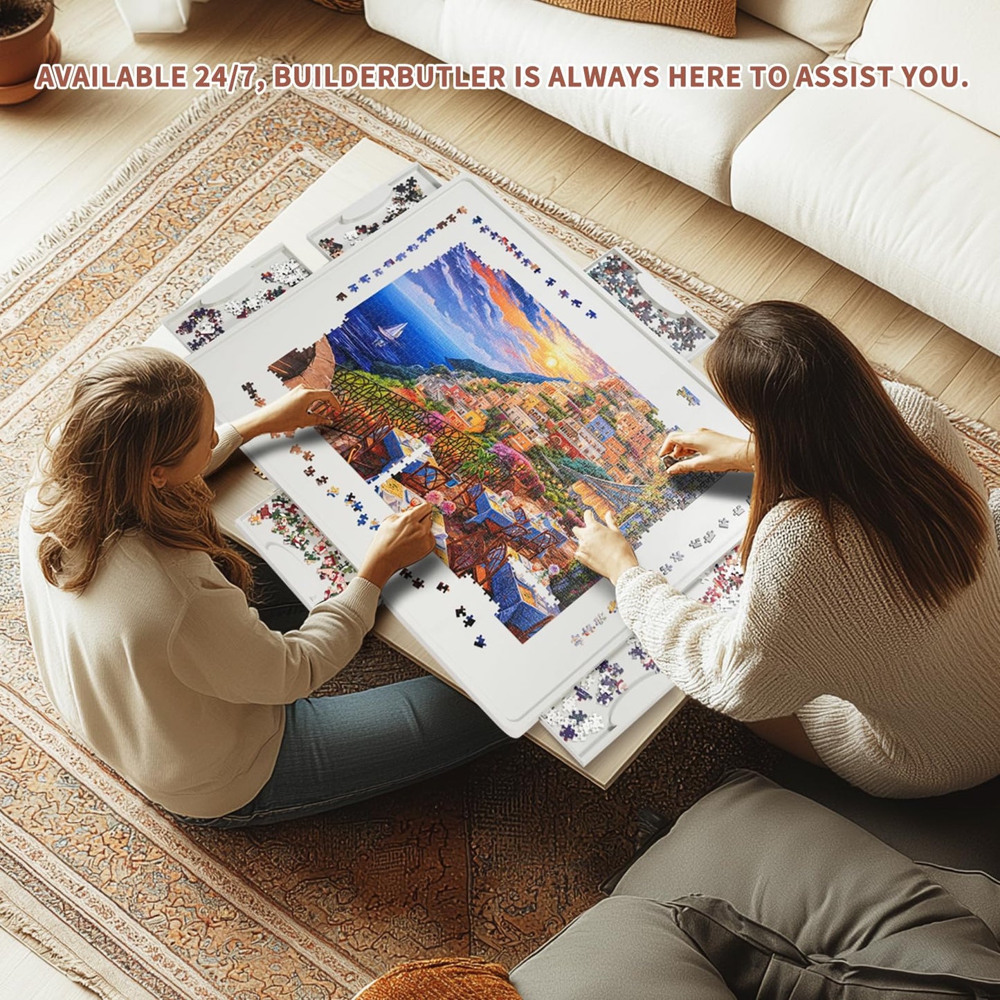 BuilderButler 1500-Piece Rotating Puzzle Board – 360° Lazy Susan with 6 Sliding Drawers & Cover, 34.25"x26.38" Portable Puzzle Table, Gift