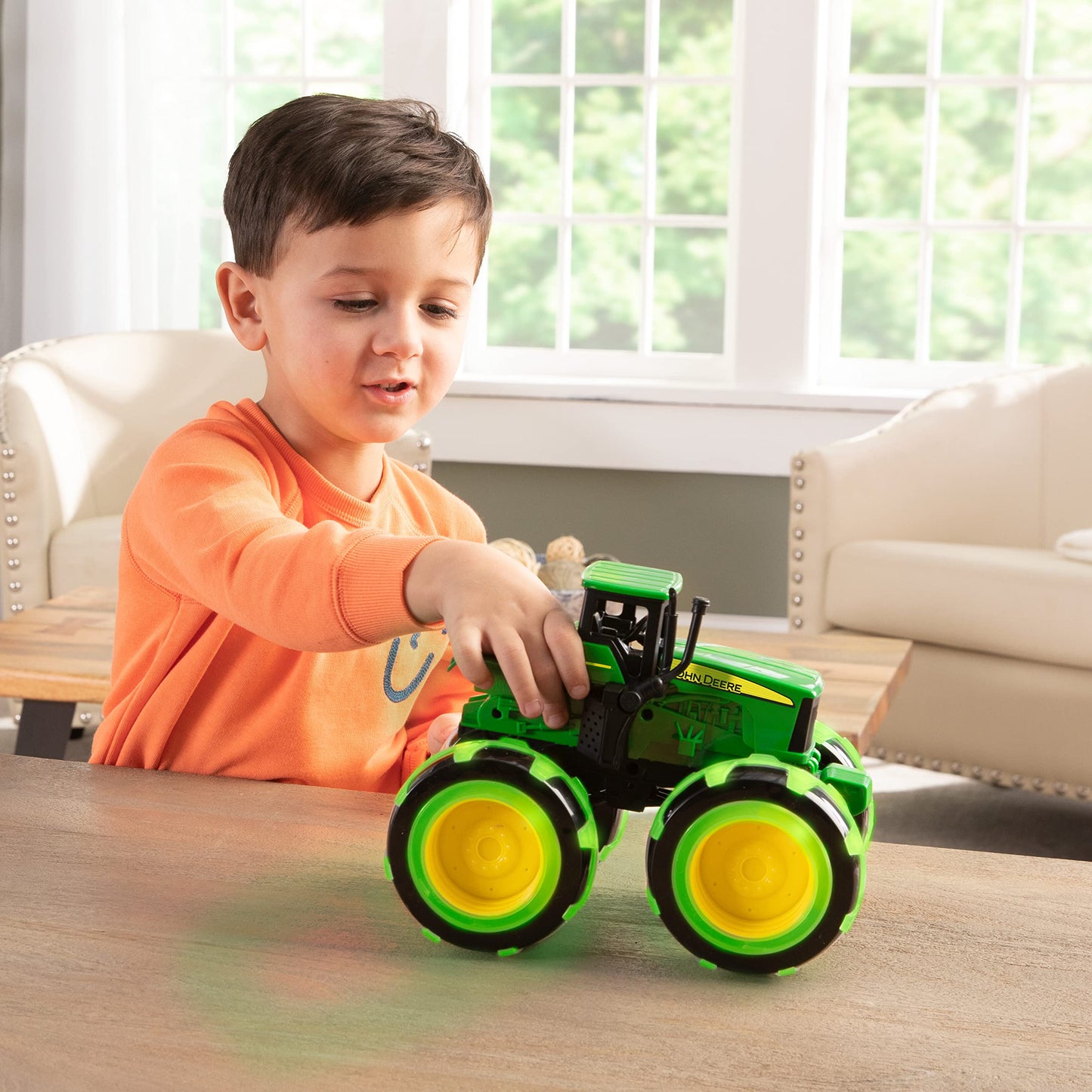 TOMY Monster Treads Lightning Wheels John Deere Tractor Toy – Motion-Activated Lights, Monster Truck Fun, Ages 3+ Frustration-Free