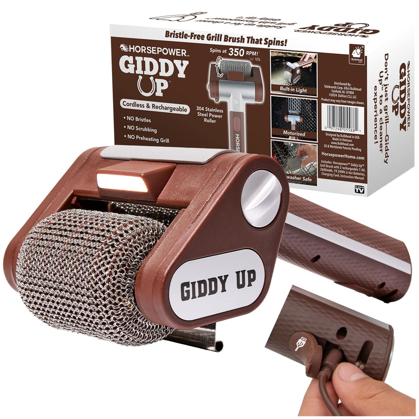 HorsePower Giddy Up Grill Cleaner – Cordless Rechargeable BBQ Tool with 350 RPM Stainless Roller & LED Light, As-Seen-On-TV