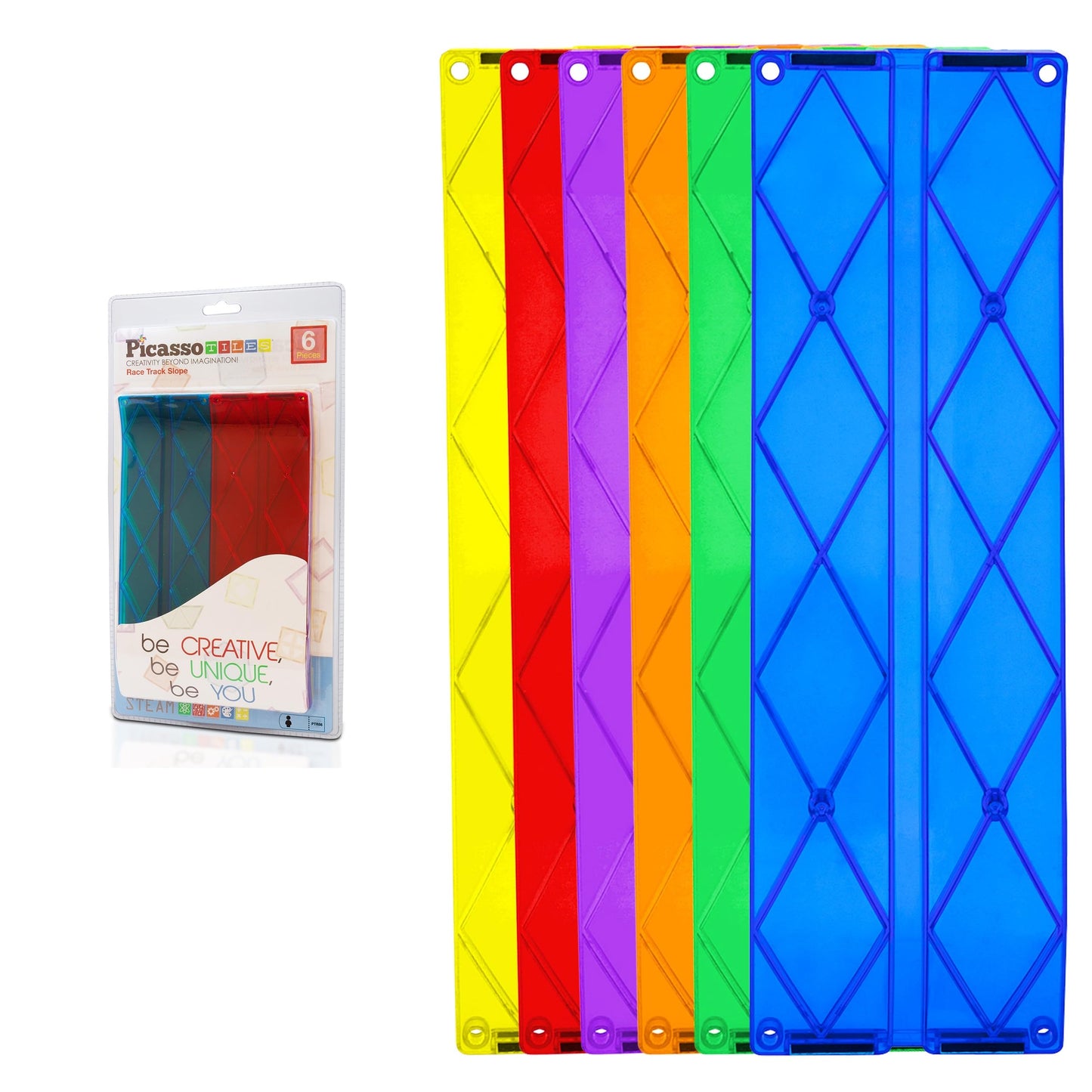 PicassoTiles 6-Piece Magnetic Tiles Race Track Accessories - STEM Building Blocks for Kids, Educational Construction & Creative Play PTR06