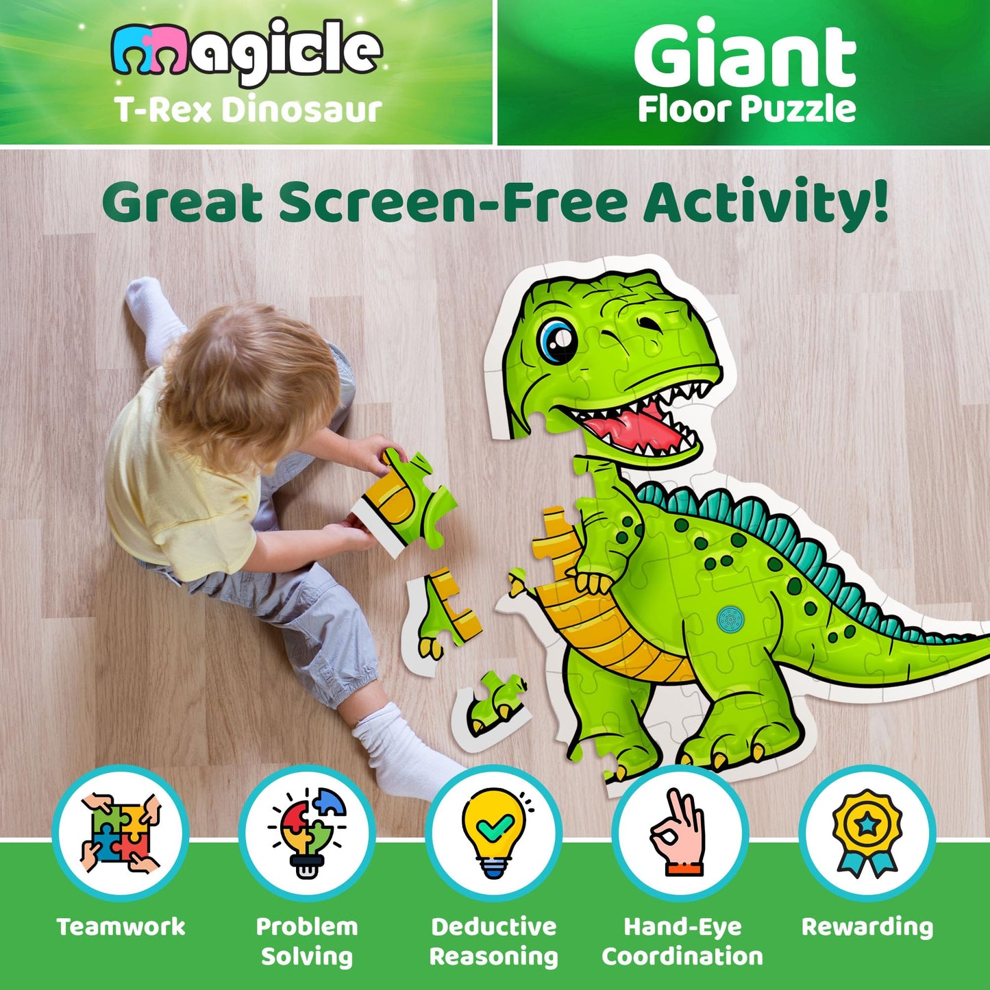 Dinosaur Giant Floor Puzzle with Sounds – 35 Extra-Thick Pieces, Educational Puzzle Toy for Kids Ages 3-8, Fun Dinosaur Gift for Boys & Girls