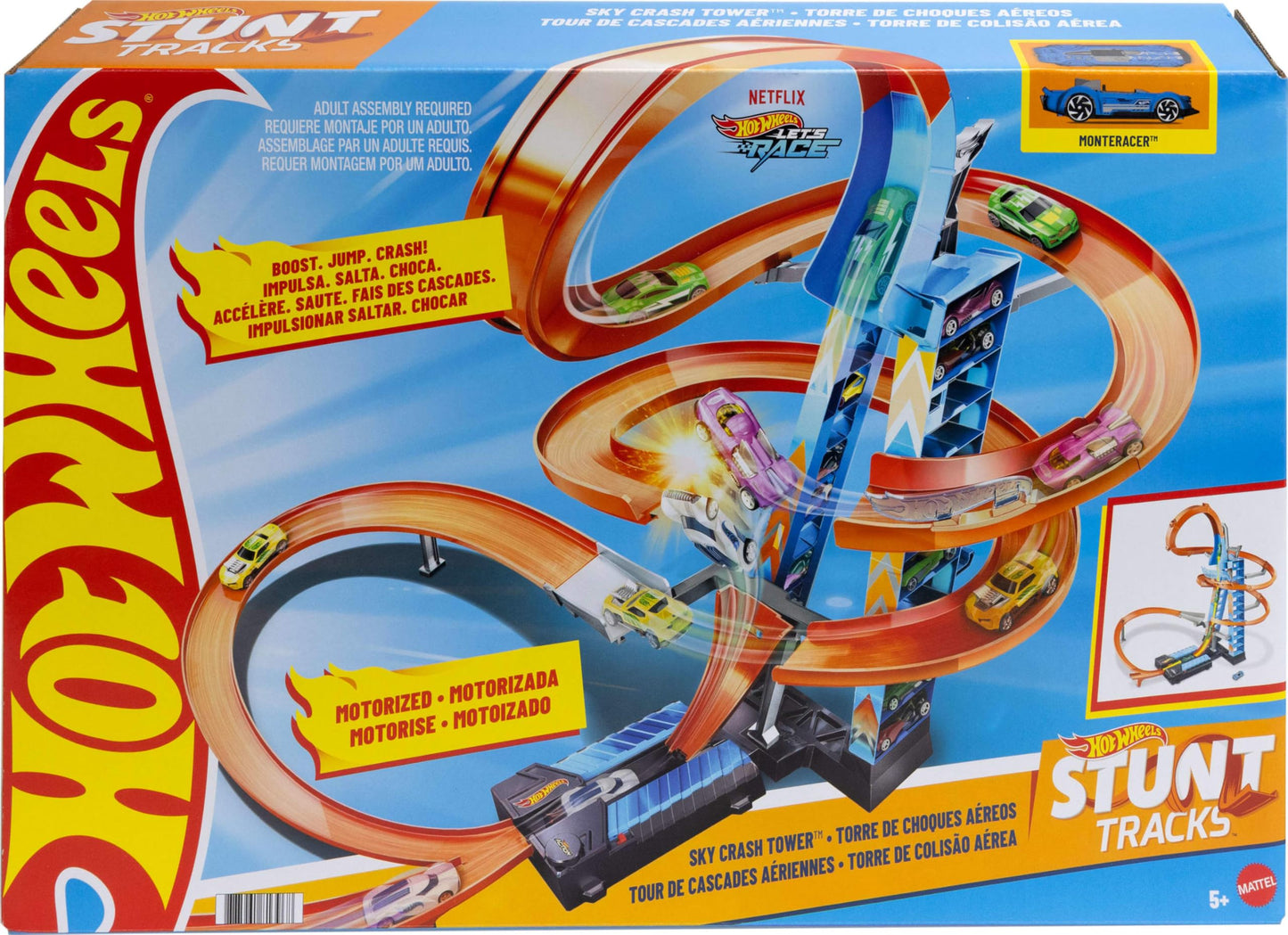 Hot Wheels Sky Crash Tower Track Set with Motorized Booster, 2.5+ ft High, Includes 1 Car, Race Multiple Vehicles, Kids Toy Ages 5+