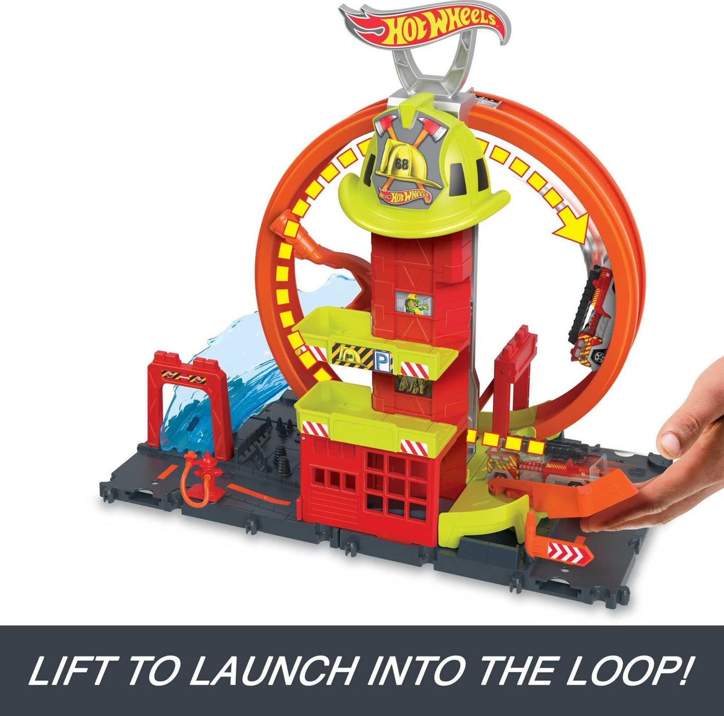 Hot Wheels City Fire Station Playset with 1 Car, Kid-Powered Elevator, Super Loop, Water-Style Ramp & Track Features, Connectable