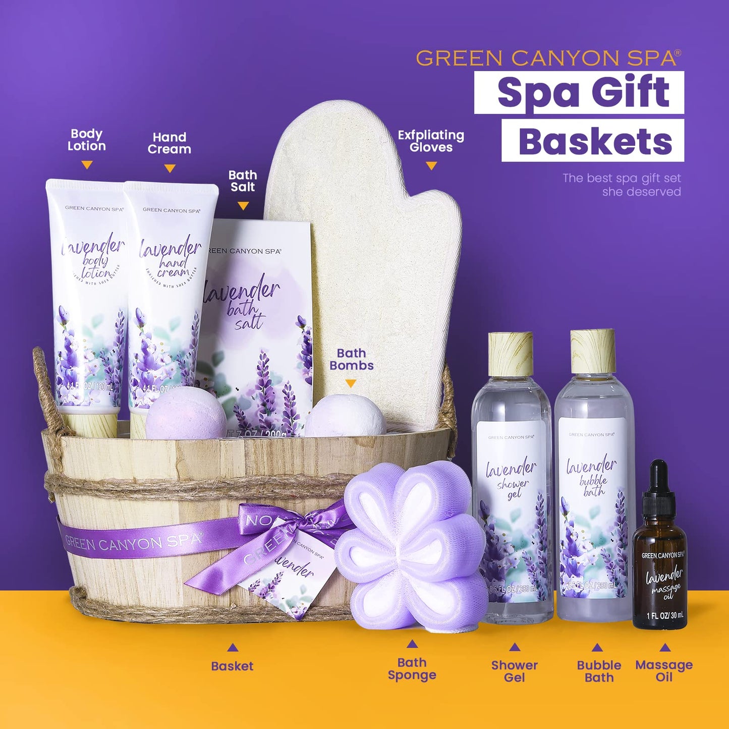 Green Canyon 11-Piece Lavender Spa Gift Set for Women – Bath, Body Lotion, Essential Oils, Relaxation Gift Basket for Her