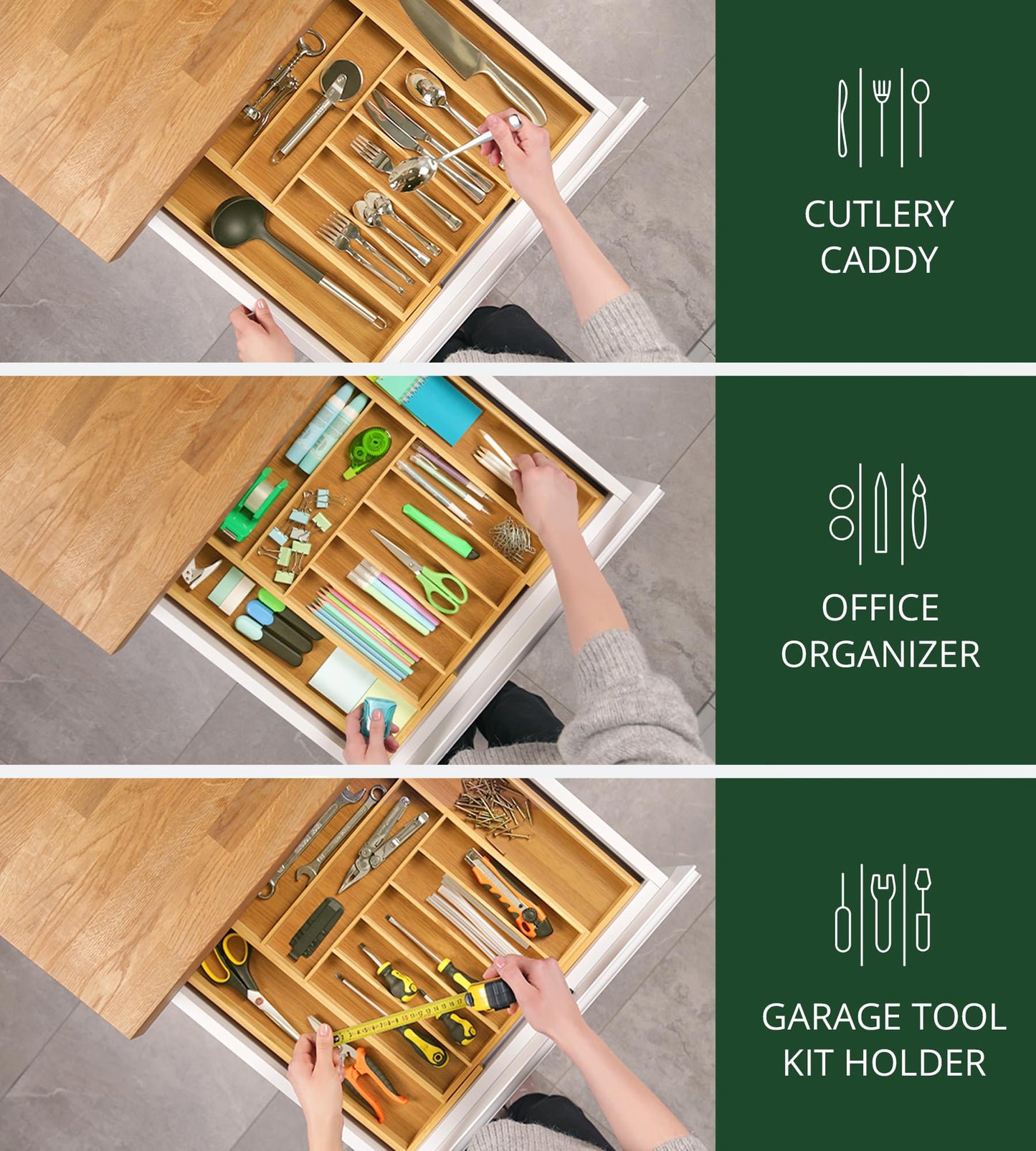 ROYAL CRAFT WOOD Bamboo Kitchen Drawer Organizer β 9-Slot Silverware, Utensil & Cutlery Tray Divider, Natural Finish