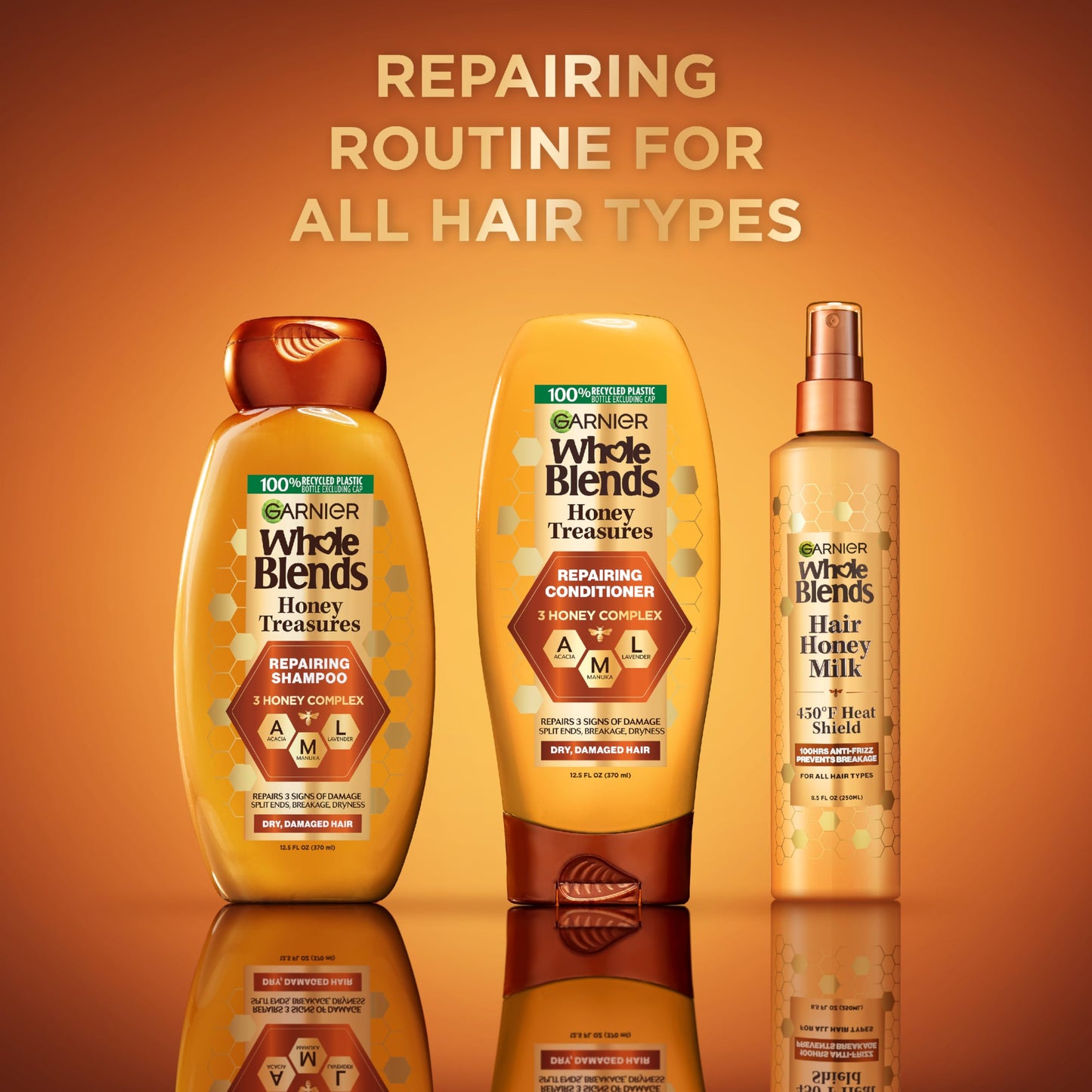 Garnier Whole Blends Hair Honey Milk 450F Heat Protectant Spray, For All Hair Types With Up To 100 Hrs of Frizz Control, 8.5 Fl Oz, 2 Count