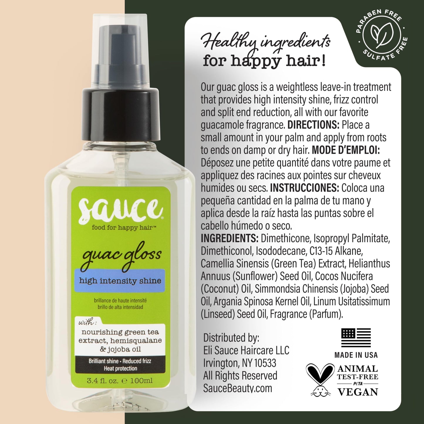 SAUCE BEAUTY Guac Hair Gloss 3 Fl Oz | High Shine Hair Serum with Jojoba Oil, Green Tea & Squalane | Smooth, Frizz Control & Vegan Formula