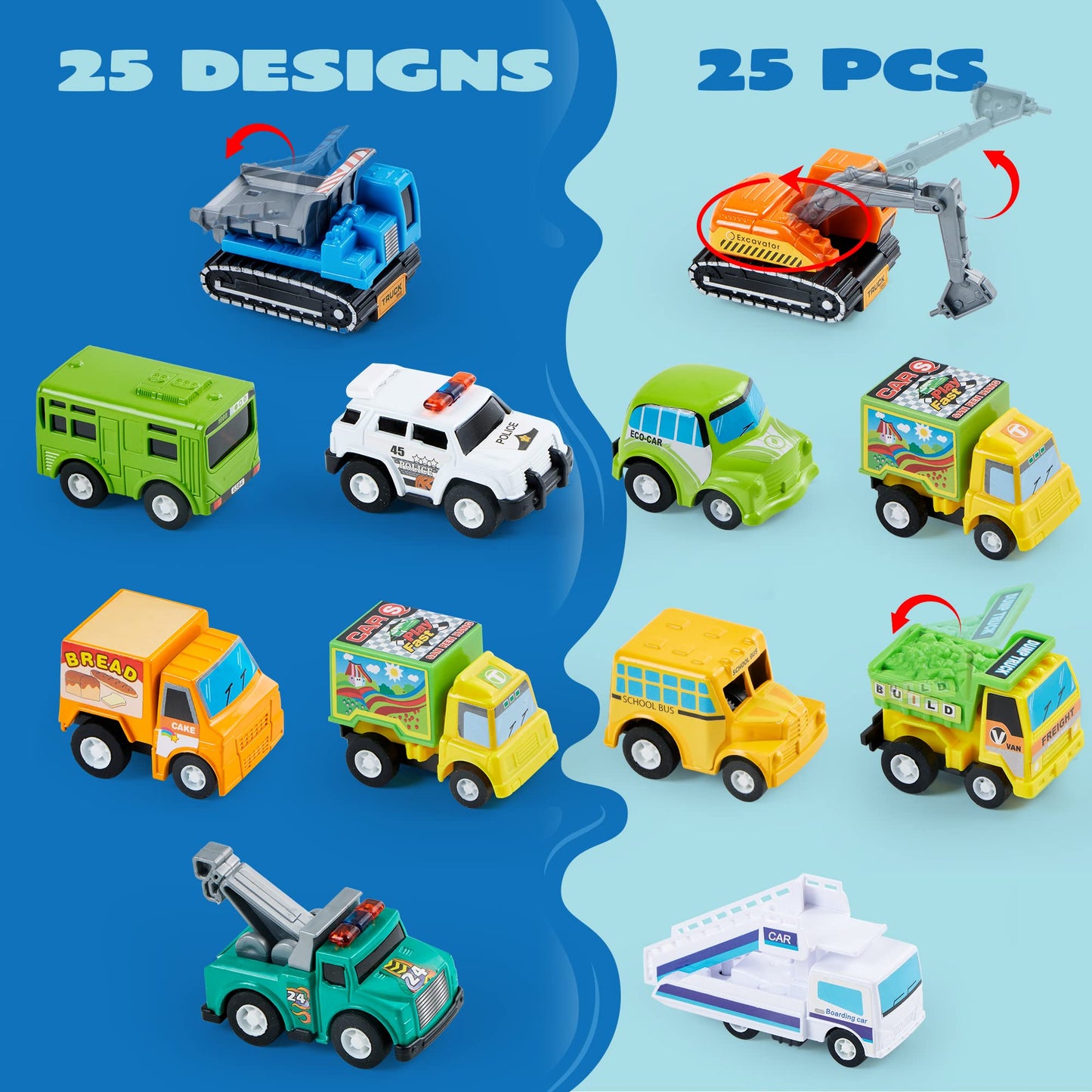 JOYIN 25-Piece Pull Back Cars & Trucks Toy Set for Toddlers, Kids Boys & Girls – Die-Cast Vehicles, Party Favors, School Gifts & Goodie Bag Stuffers