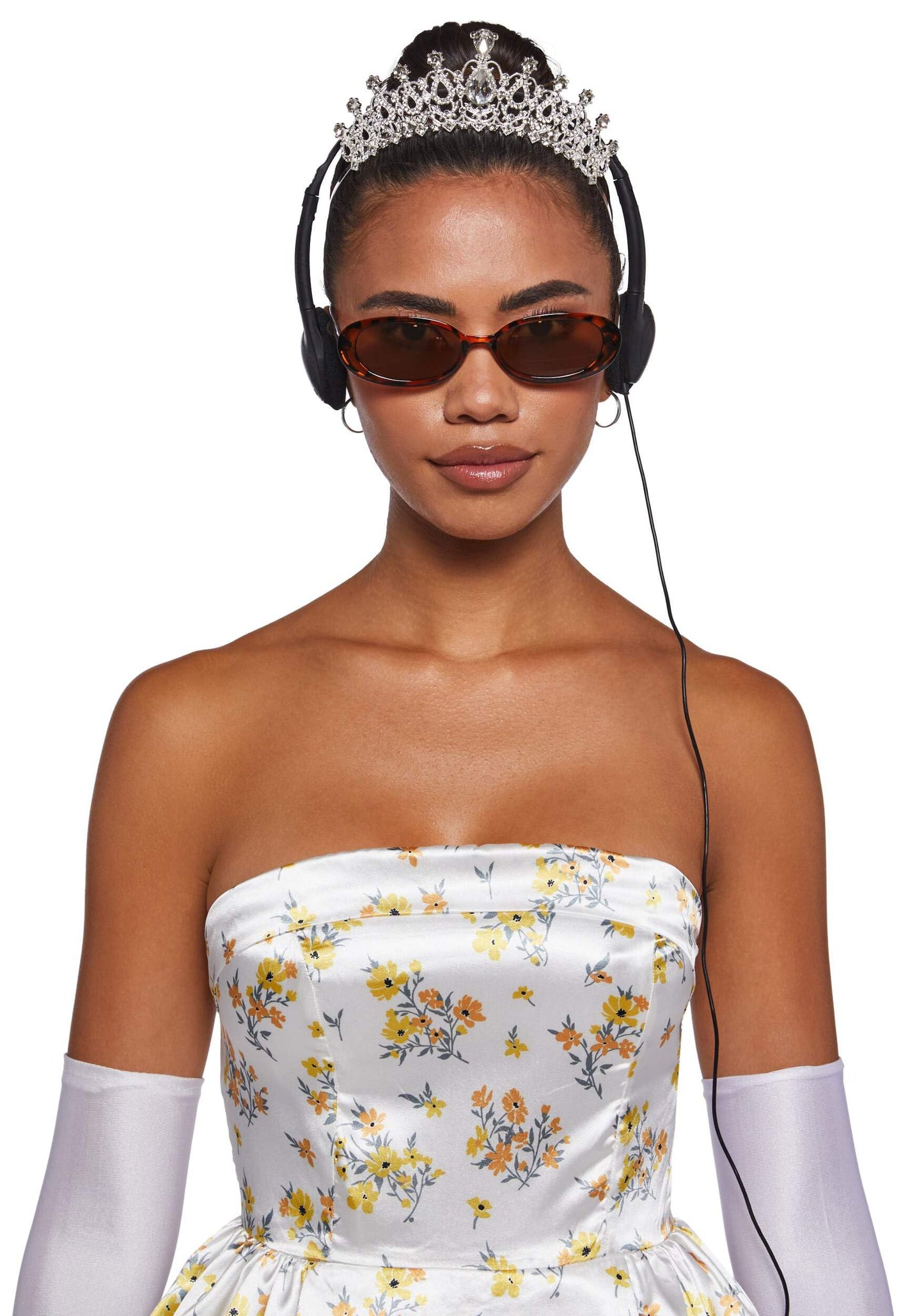 Dolls Kill Princess Mia Costume by Trickz N’ Treatz – Women’s Floral Satin Mini Dress with Gloves, Tiara, Sunglasses & Headphones, Small