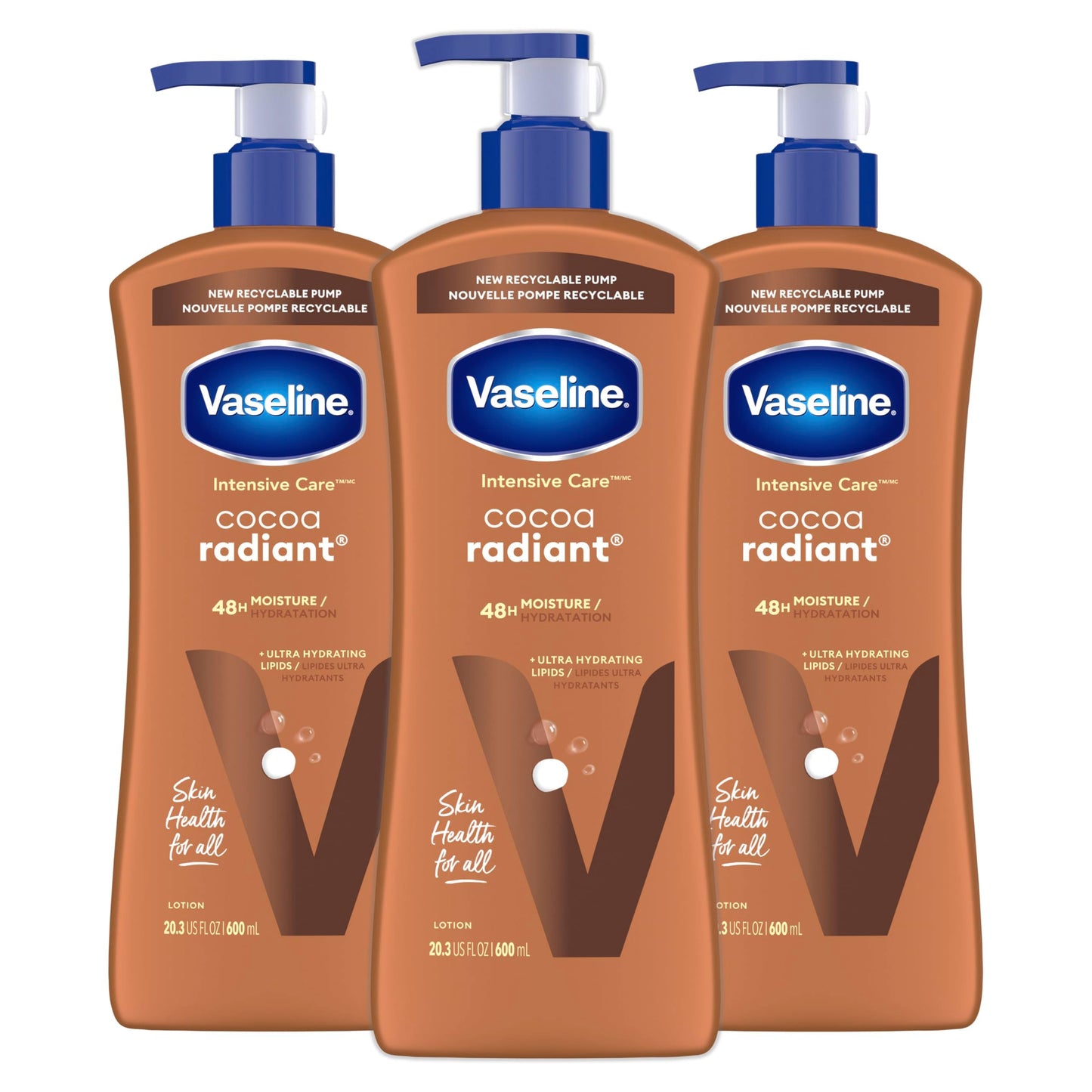 Vaseline Intensive Care Cocoa Radiant Body Lotion 3-Pack, 20.3 oz Each, Ultra-Hydrating with Cocoa Butter for Dry Skin & Radiant Glow