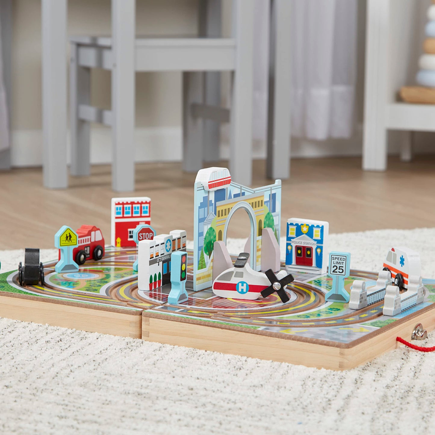 Melissa & Doug 18-Piece Wooden Take-Along Tabletop Town, 4 Rescue Vehicles, Play Pieces, Bridge
