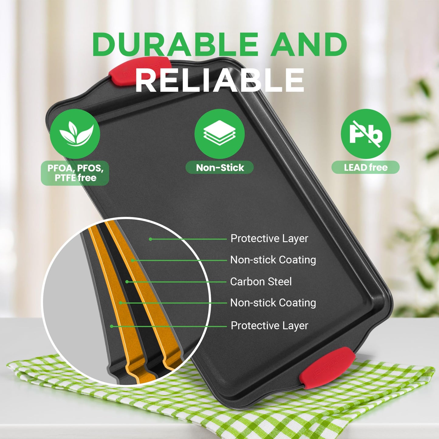 NutriChef 3-Pc Nonstick Baking Pan Set – Commercial-Grade Steel Bakeware with Red Silicone Handles, Easy-Clean, Oven Safe, NCSBS3S Ask ChatGPT