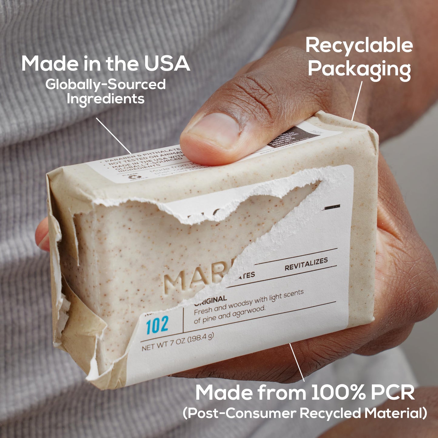 MARLOWE No. 102 Body Scrub Soap, 7oz – Exfoliating Bar with Shea Butter, Olive Oil & Green Tea, Smoothes & Revitalizes Skin, Sage & Fir Scent