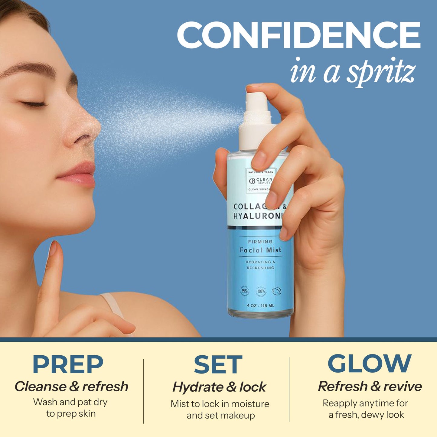 Clear Beauty Hyaluronic Acid & Collagen Face Mist – Moisturizes, Tones & Anti-Aging, 95% Natural, Cruelty-Free, All Skin Types, 4 oz