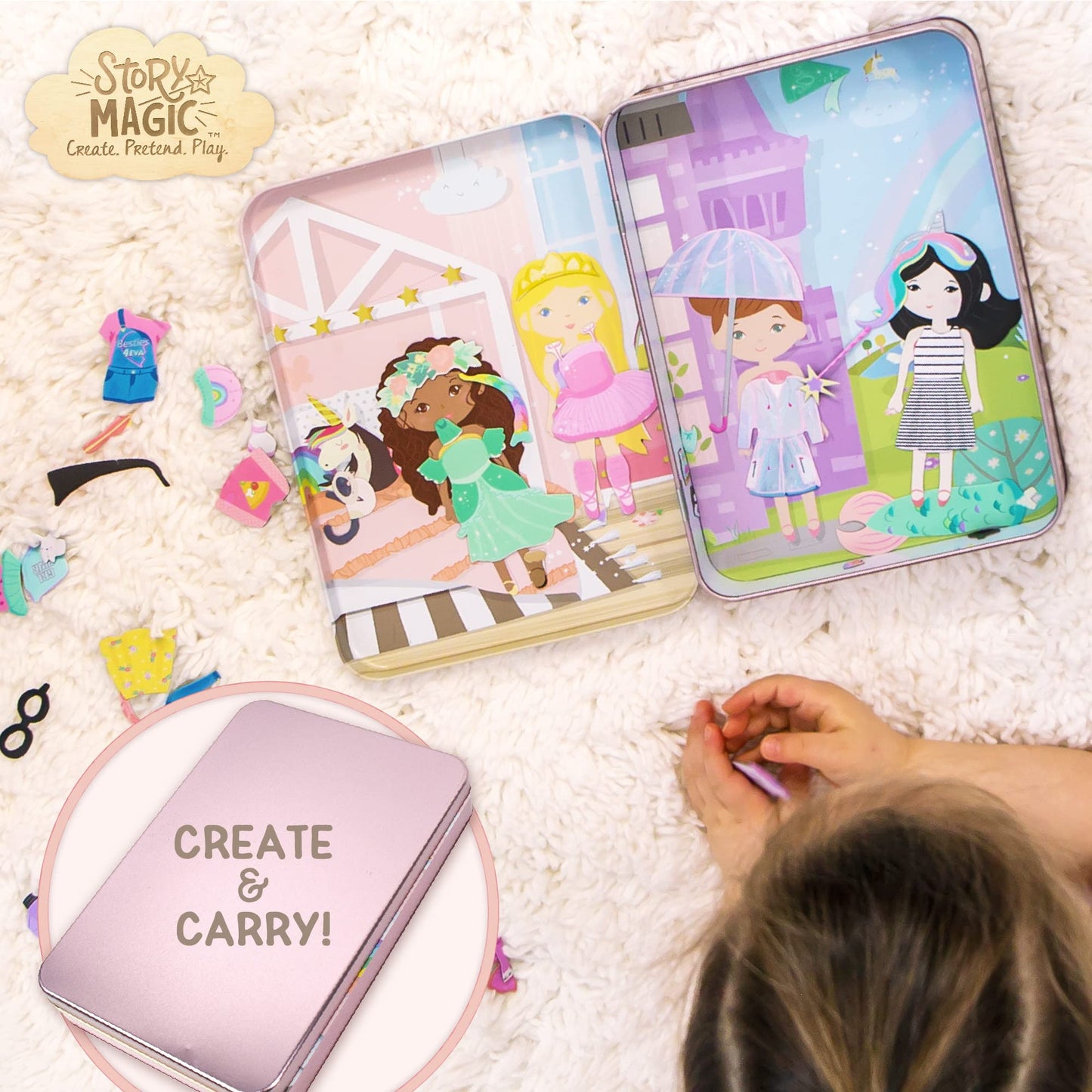 Story Magic Magnetic Dress-Up Dolls Playset for Kids, Travel-Friendly Pretend Play with Outfit & Accessories, Ages 4-7, Pink