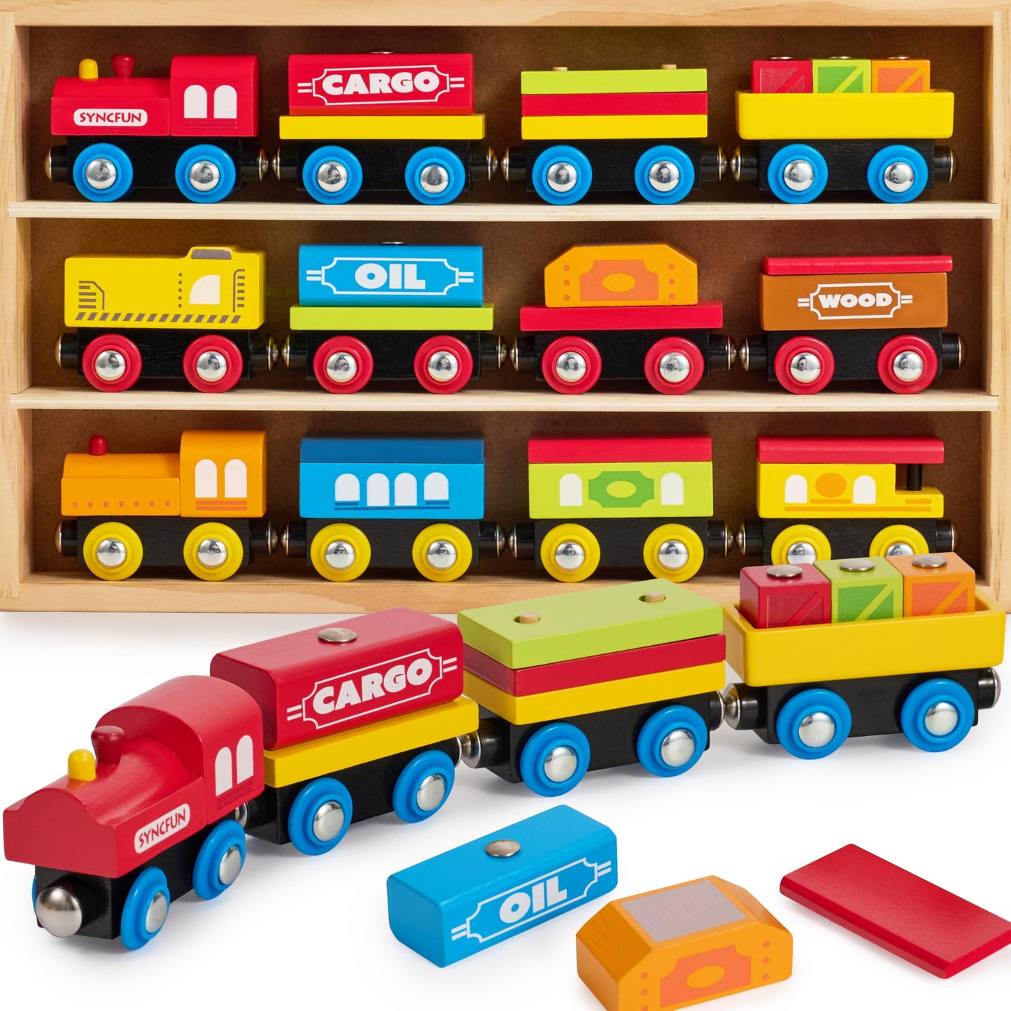 Montessori Wooden Magnetic Train Set for Kids, 12PCS Cars with Storage Box, STEM Educational Toy for Boys & Girls Ages 2-8, Gift Idea