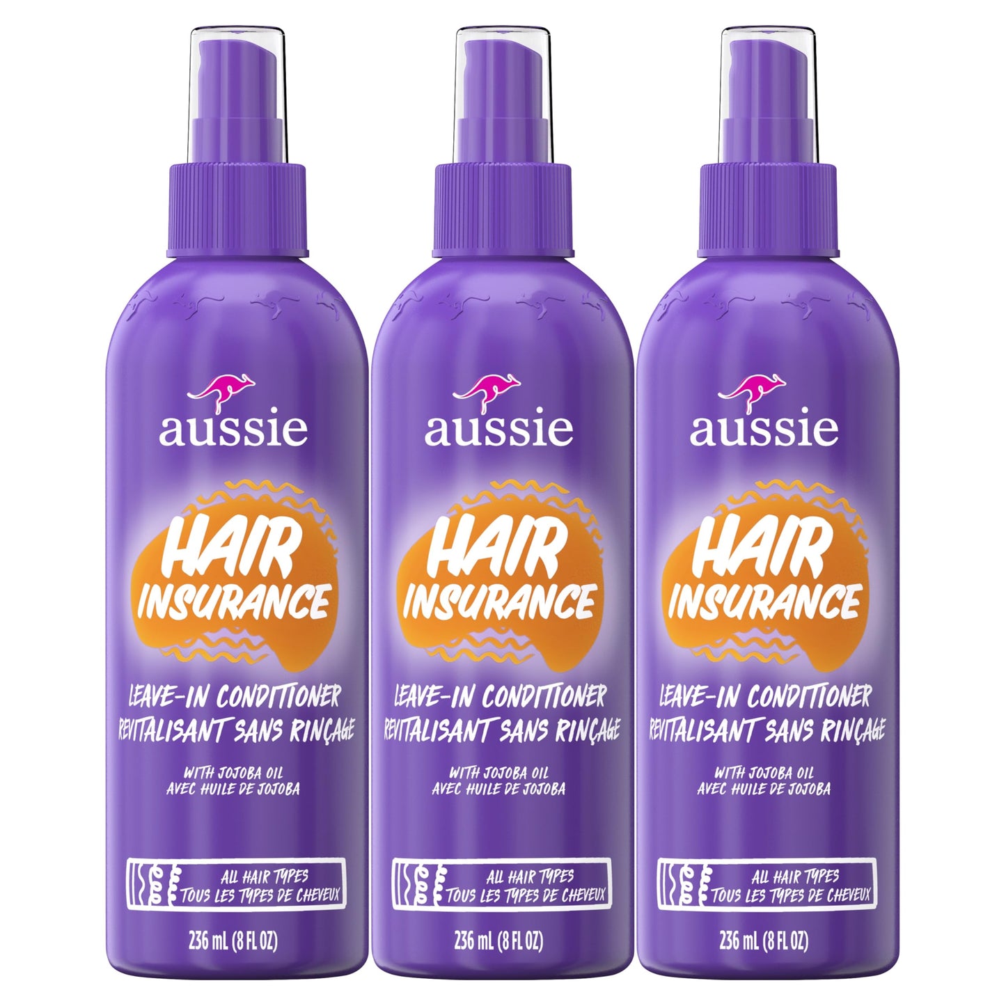 Aussie Hair Insurance Leave-In Conditioner Spray, Frizz Control & Softening with Jojoba & Sea Kelp, Moisturizing for All Hair Types, 8 Fl Oz, 3 Pack