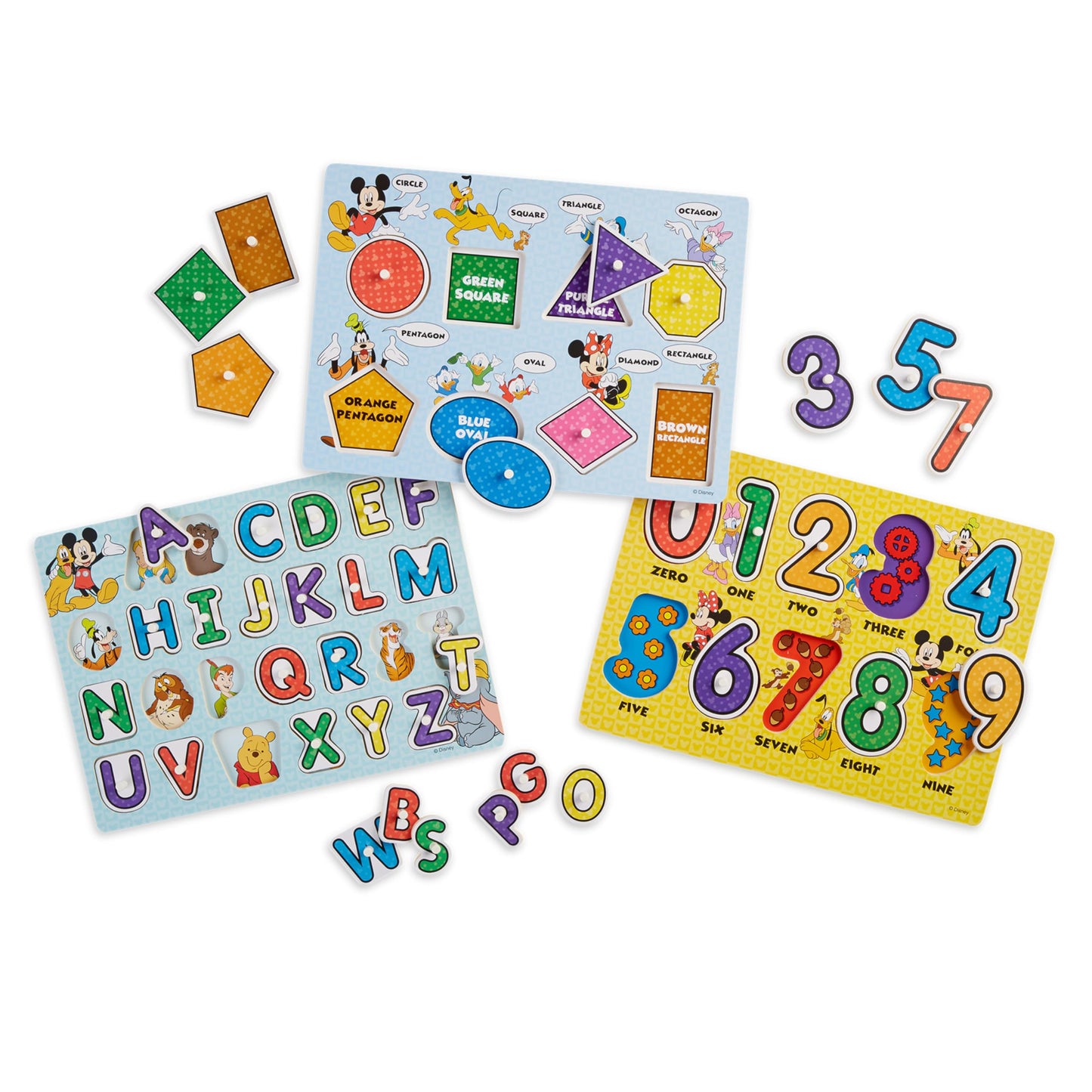 Melissa & Doug Disney Wooden Peg Puzzles Set: Letters, Numbers, and Shapes and Colors