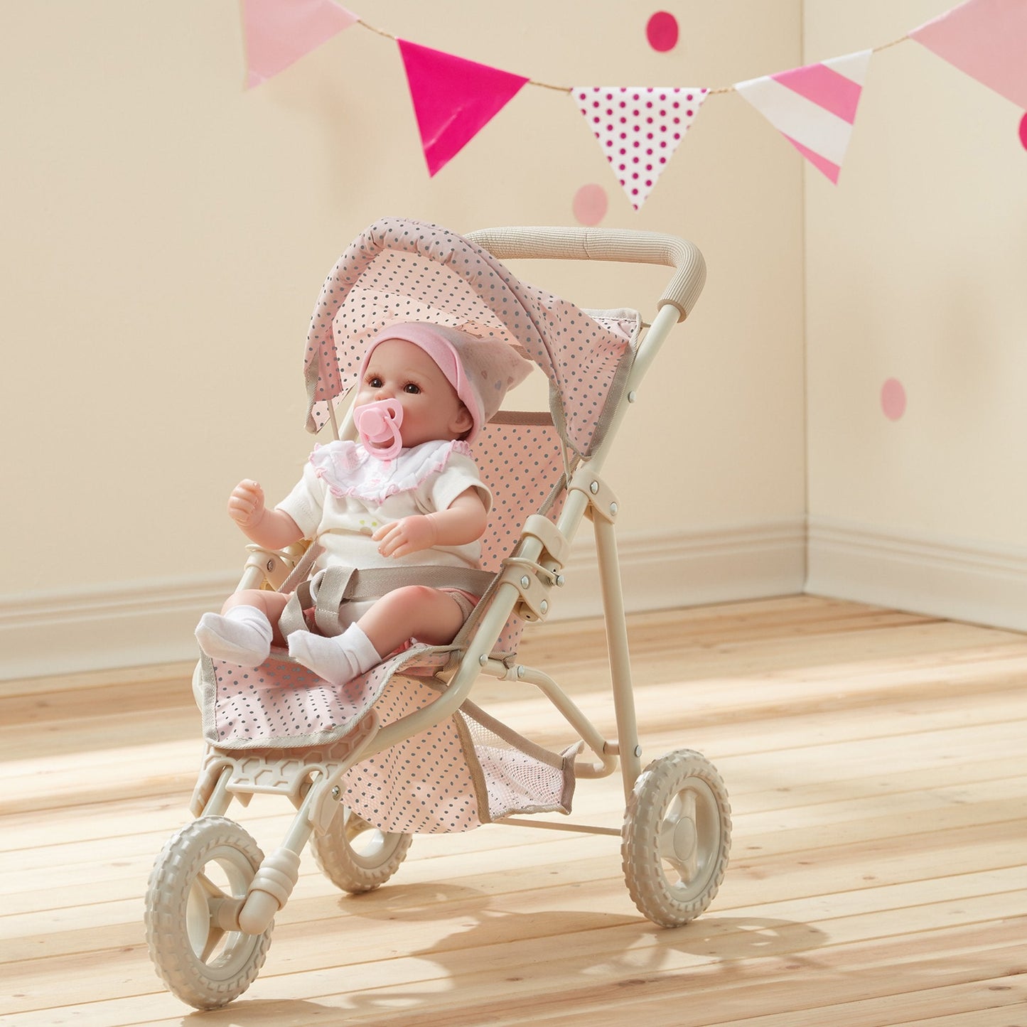 Olivia's Little World Doll Jogging-Style Stroller with Canopy, Storage Underneath, Pink and Cream and Gray