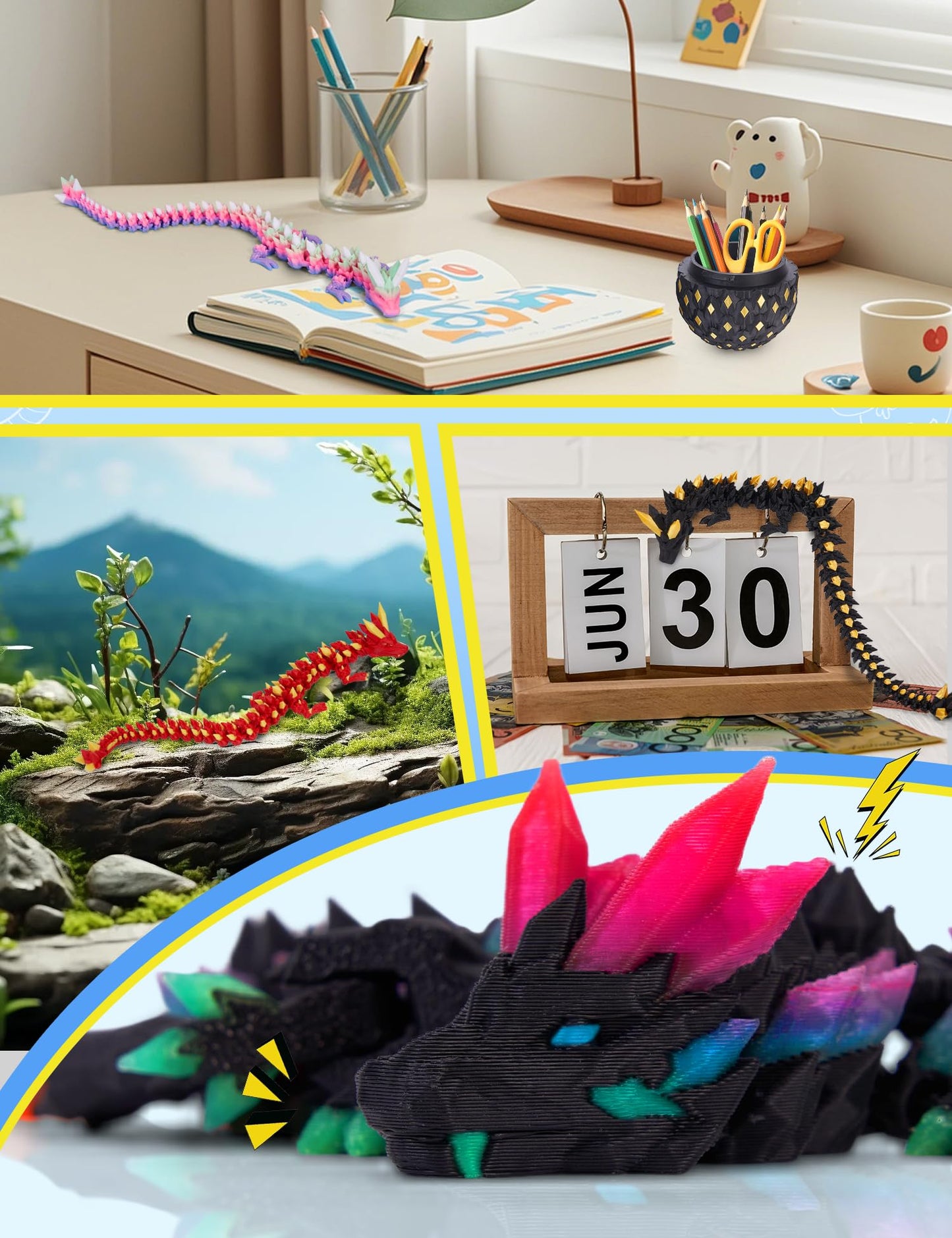 YILCER 3D Printed Glow-in-the-Dark Dragon Eggs with Wings, Articulated Fidget & Dinosaur Toys for Teens, Boys & Girls – Rainbow