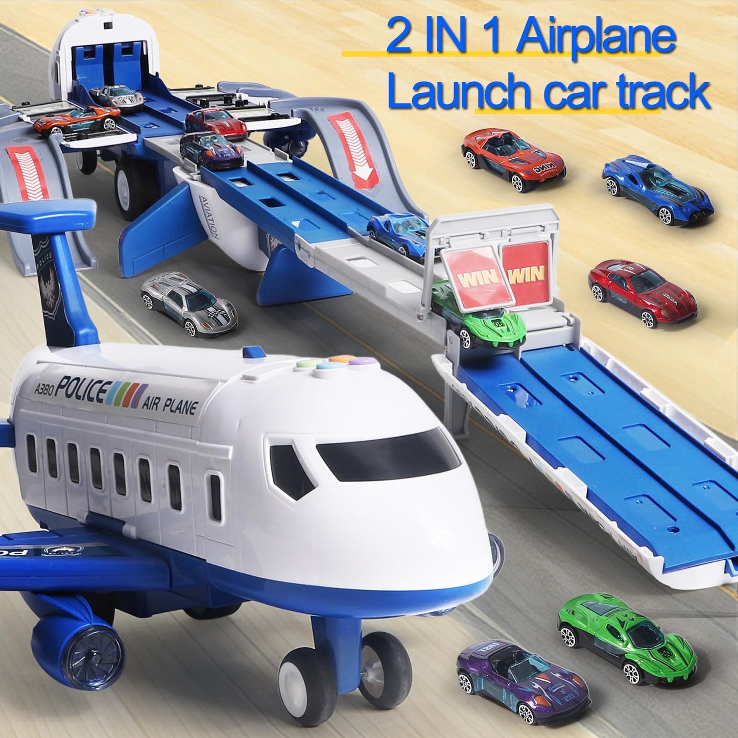 Airplane Toy Race Track Playset for Kids – Foldable 4-Layer Transport Plane with 6 Cars, Toddler Car Ramp Toy for Boys & Girls Ages 3-6, Birthday Gift