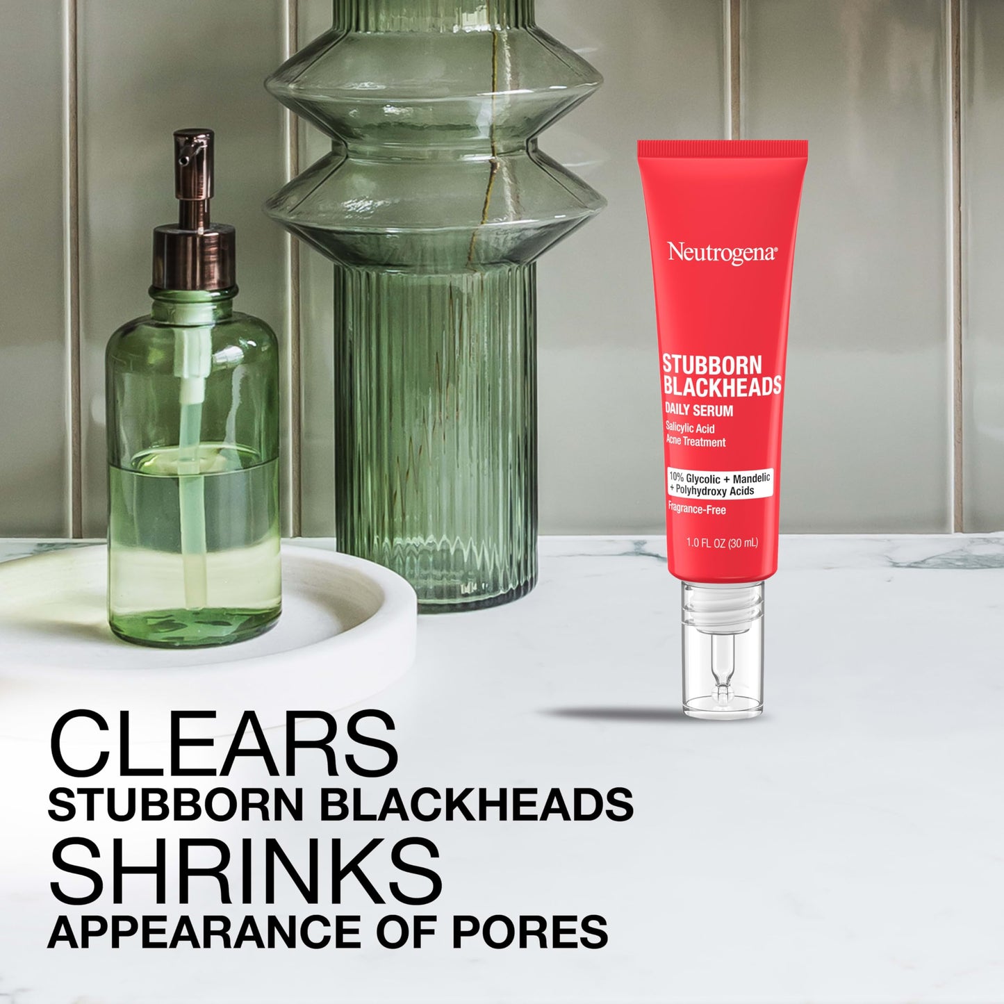 Neutrogena Stubborn Blackheads Daily Acne Serum with Salicylic, Glycolic, Polyhydroxy & Mandelic Acids, Oil-Free Face Serum, 1 fl. oz