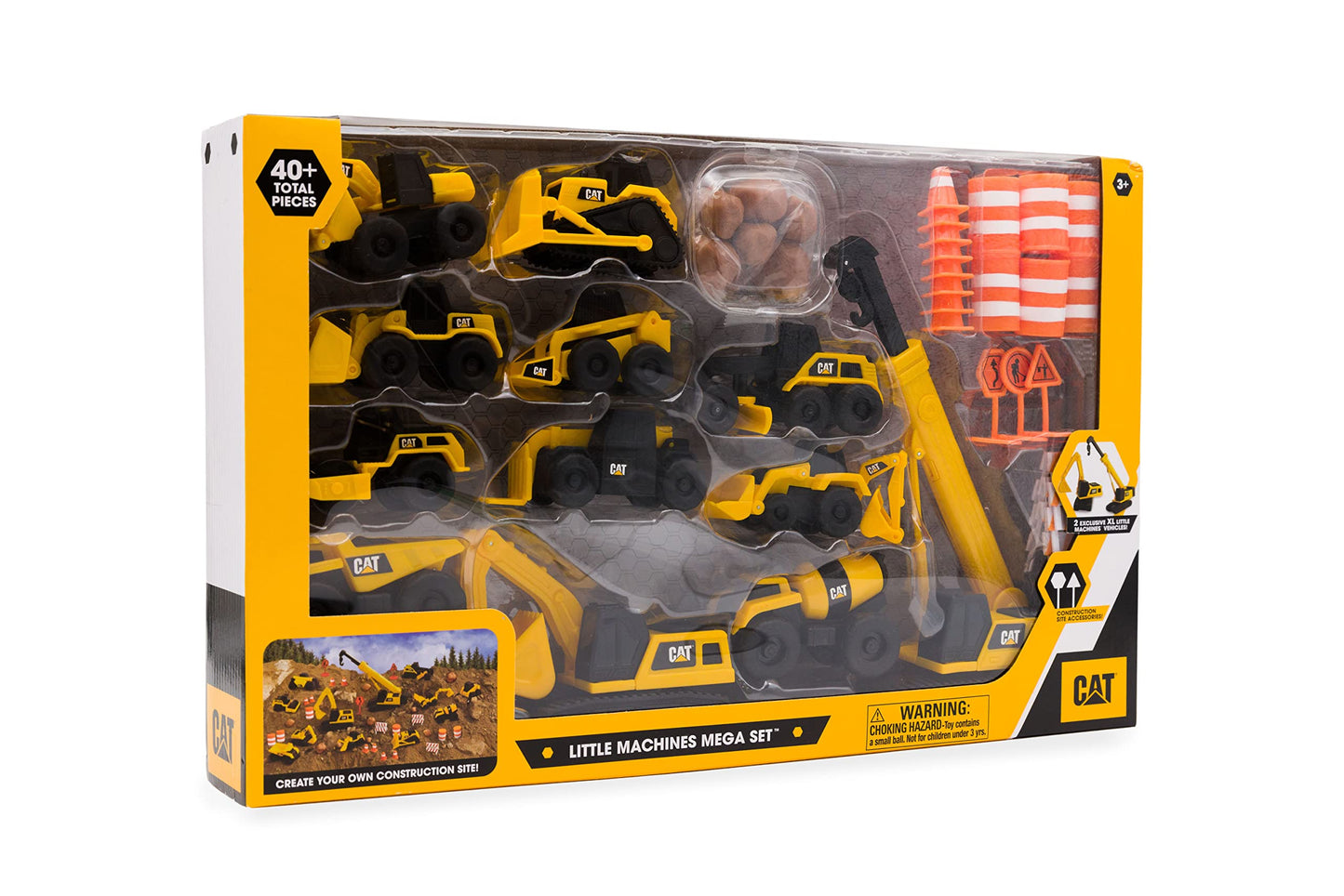 CAT Construction Toys Little Machines Mega Set – 40+ Pieces with XL Crane, Excavator, 10 Mini Vehicles & Accessories, STEM Toy Ages 3+