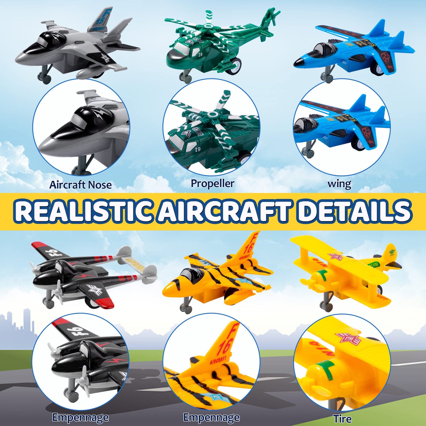 JOYIN 16-Piece Pull Back Airplane Toy Set for Kids 3+ – Includes Helicopter, Fighter, Bomber & Biplane Models, Classroom & Birthday Gifts