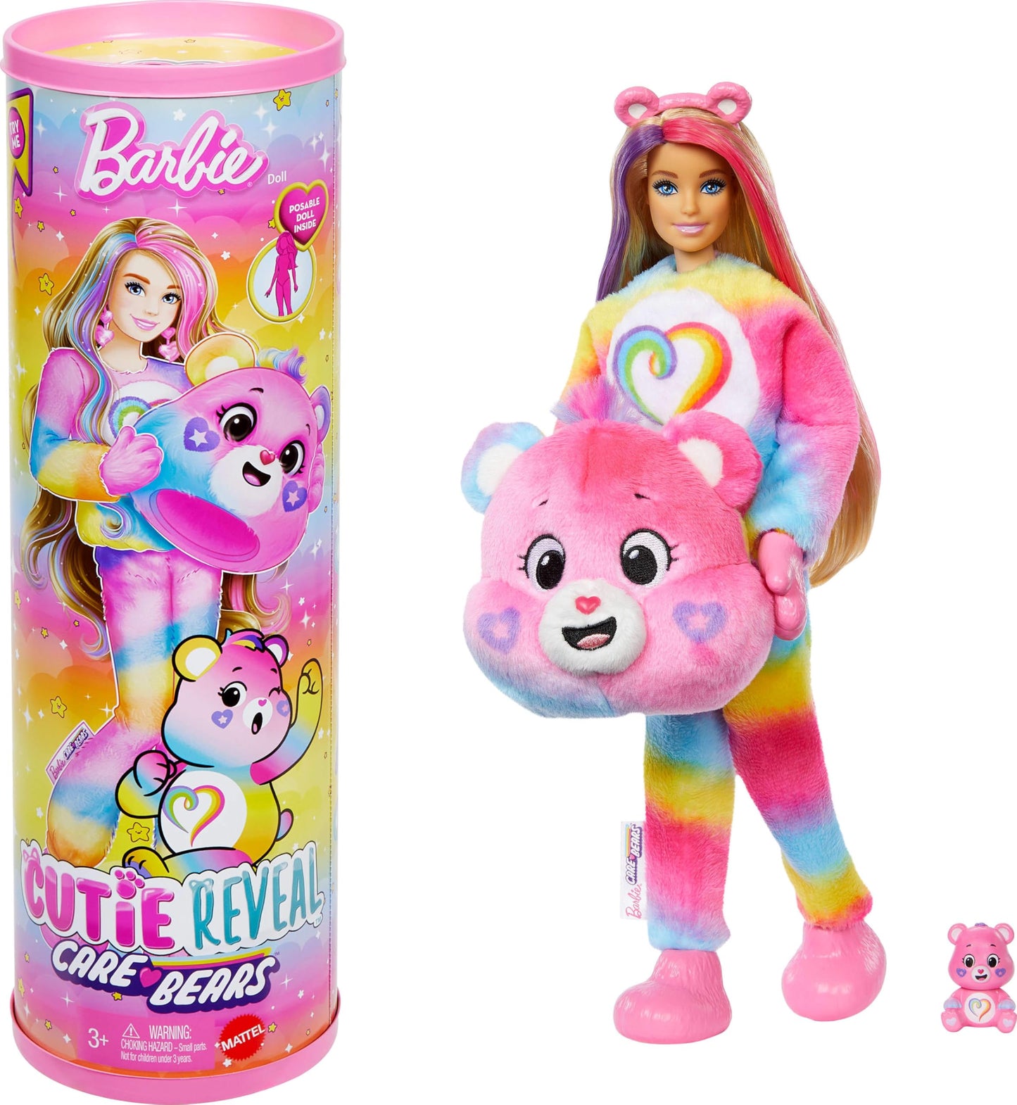 Barbie Cutie Reveal Care Bears Doll & Accessories, Series 2 Togetherness Bear with 10 Surprises Including Color Change & Mini Bear