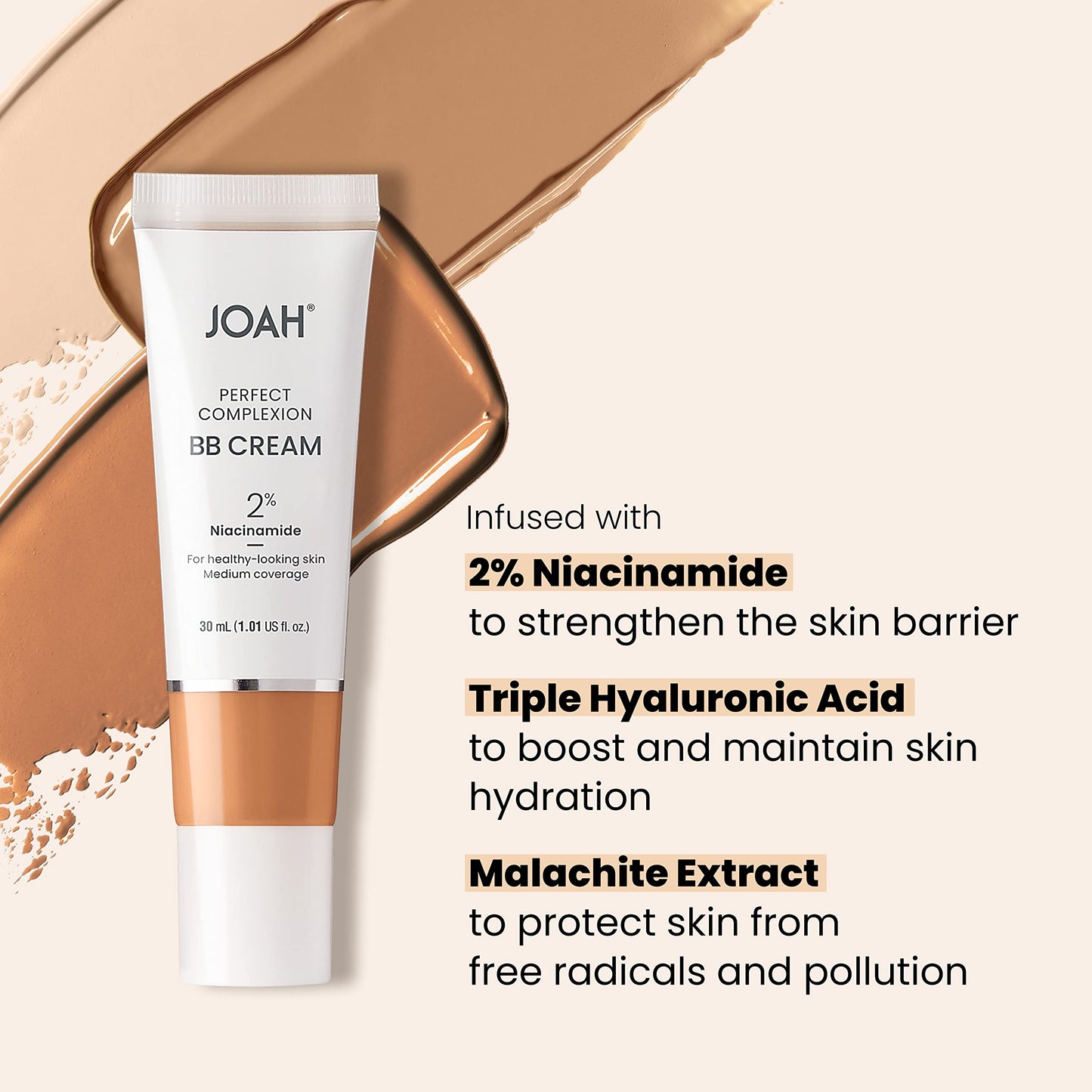 JOAH Beauty Perfect Complexion BB Cream - Lightweight Korean Makeup, Medium Buildable Coverage, Semi-Matte, Evens Skin Tone, Hyaluronic Acid & Niacinamide, Light Warm