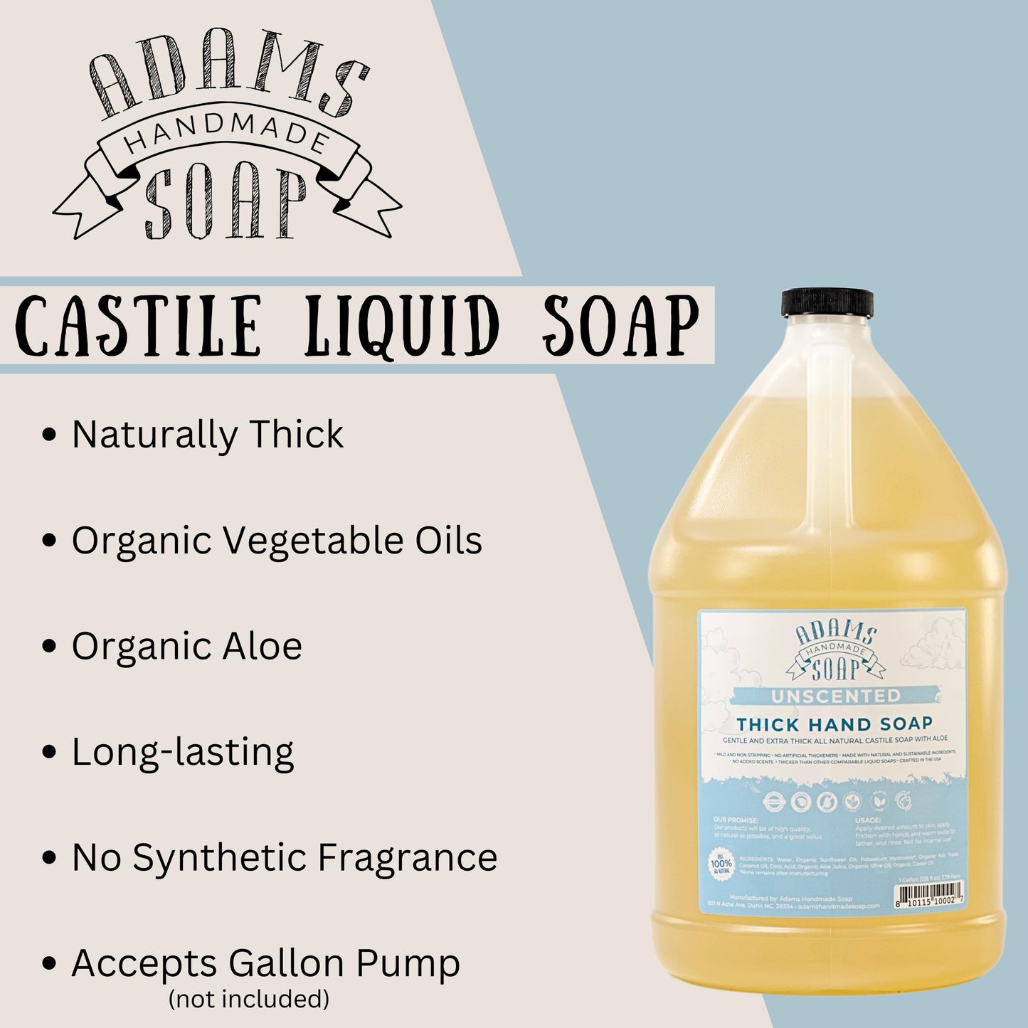 Adams Handmade Soap Thick Organic Castile Liquid Hand Soap 1 Gallon Refill- Unscented