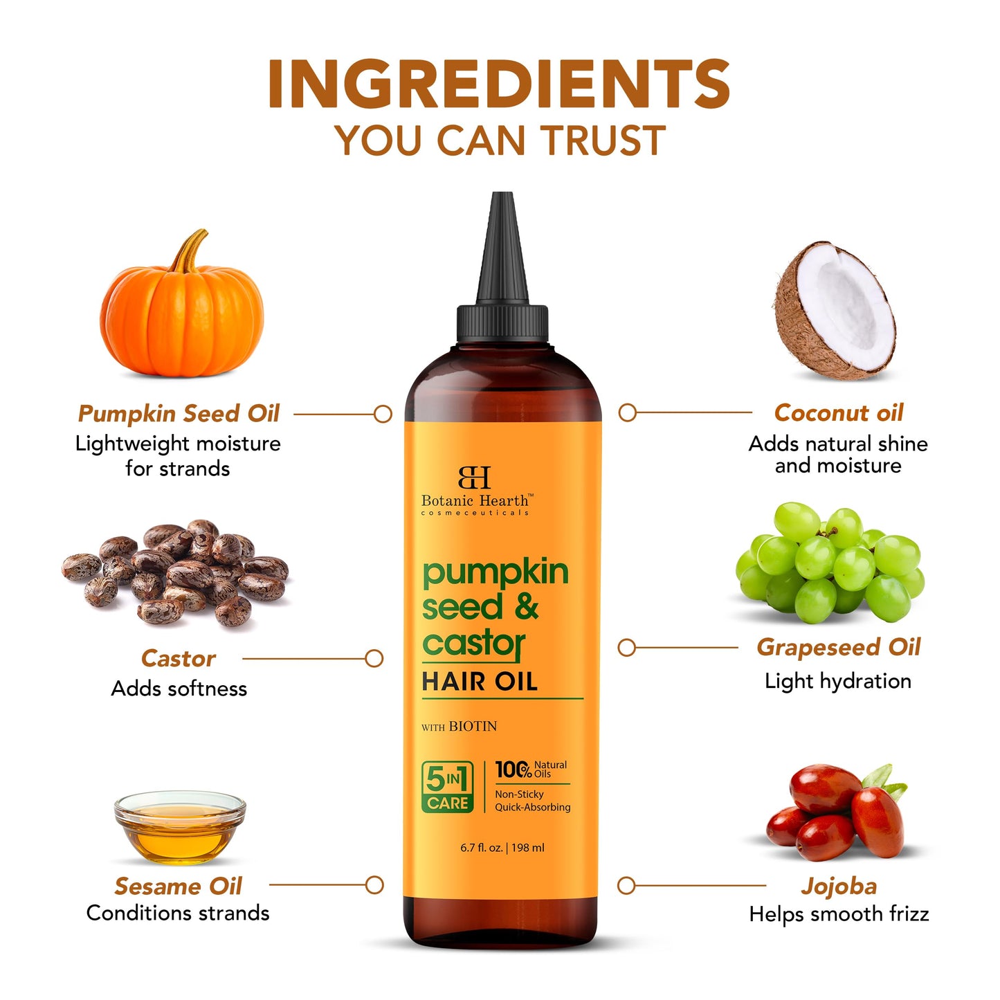 Botanic Hearth Pumpkin Castor Oil for Hair Growth | 100% Pure Oil with Pumpkin, Castor & Biotin | Repairs, Strengthens & Nourishes Dry Hair, 6.7 fl oz