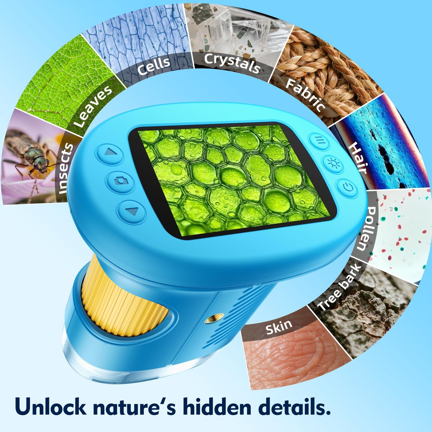 1000X Handheld Kids Microscope with 4K 2.4" Screen, 12 Slides, Portable Educational Toy Gift for Ages 3-12 (Blue)