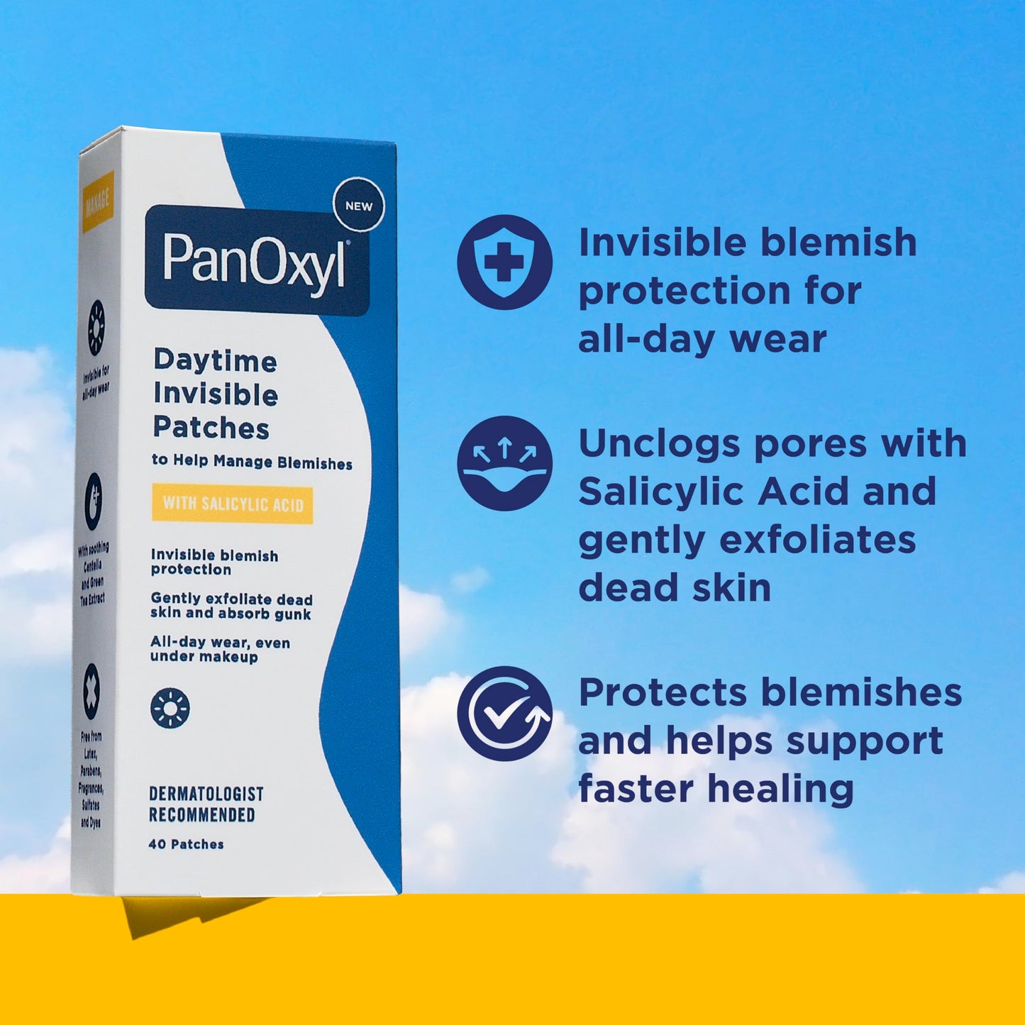 PanOxyl Daytime Invisible Acne Patches, 40ct (20 Large + 20 Small) – Dermatologist-Recommended, Salicylic Acid, Latex-Free