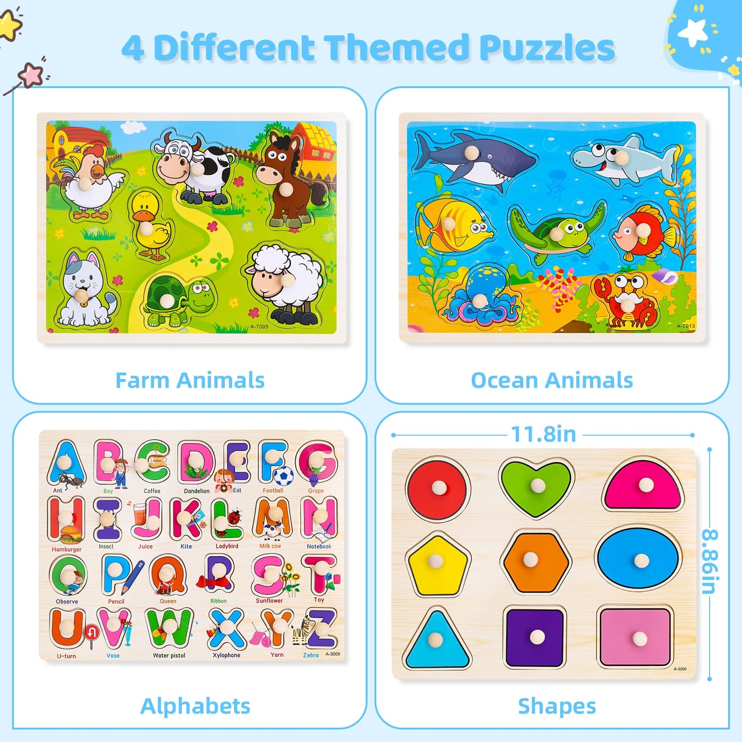 Wooden Peg Puzzles for Toddlers – 4 Pack Montessori Learning Toys with Animals, Shapes & Alphabet, Educational Gifts for Kids Ages 1-4