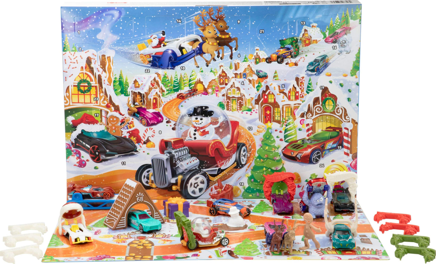 Hot Wheels Toy Cars & Playset, 2025 Advent Calendar with 10 Vehicles in 1:64 Scale, 10 Ornament Clips & 14 Winter-Themed Accessories