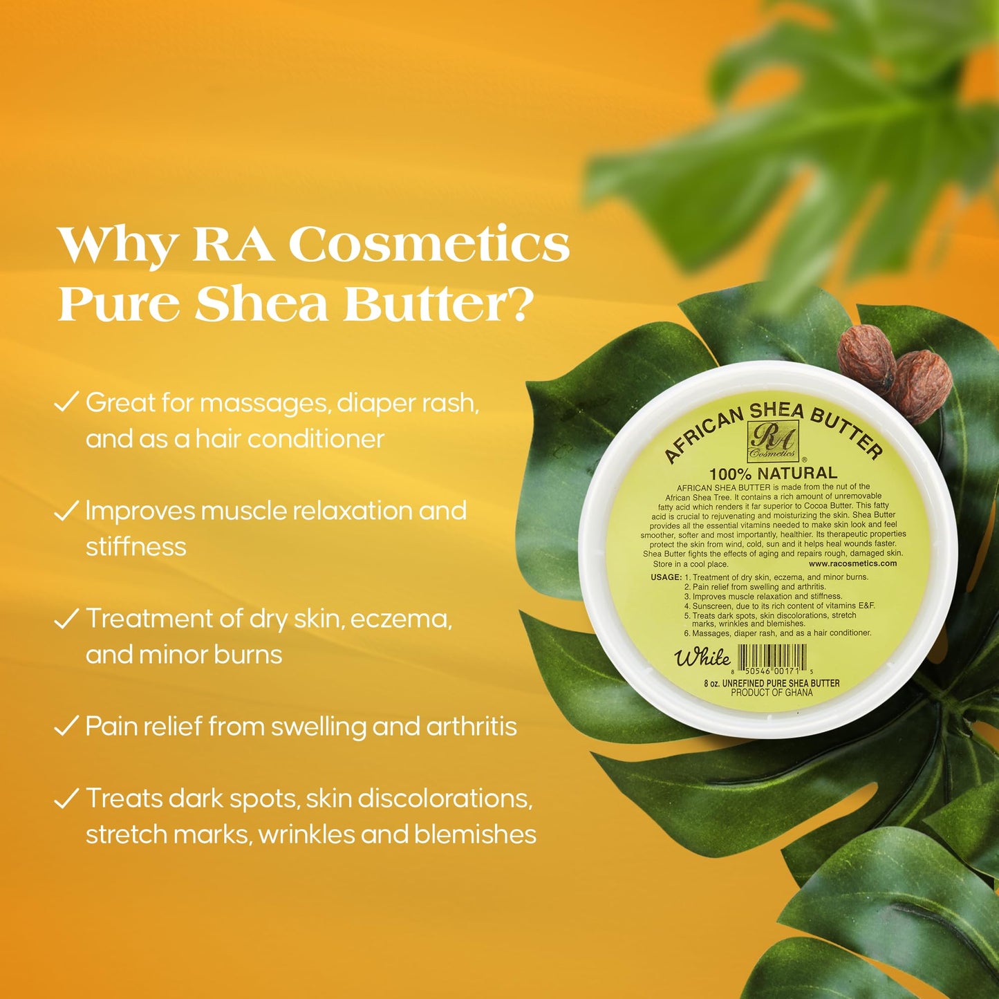 RA Cosmetics 100% Pure Shea Butter, Ivory 8oz – Natural Body Butter for Dry Skin, Wrinkles, Stretch Marks & Blemishes, Ultra-Rich Moisturizer