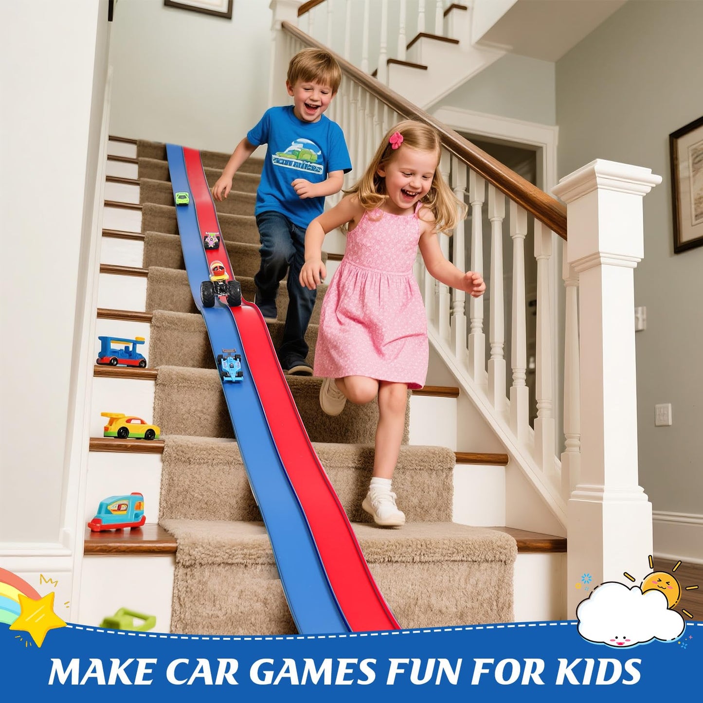 Flexible 15ft Race Car Track Starter Set with Suction Cups & 1:64 Diecast Cars, Blue & Red Double Track, Rolls Up for Kids 3+