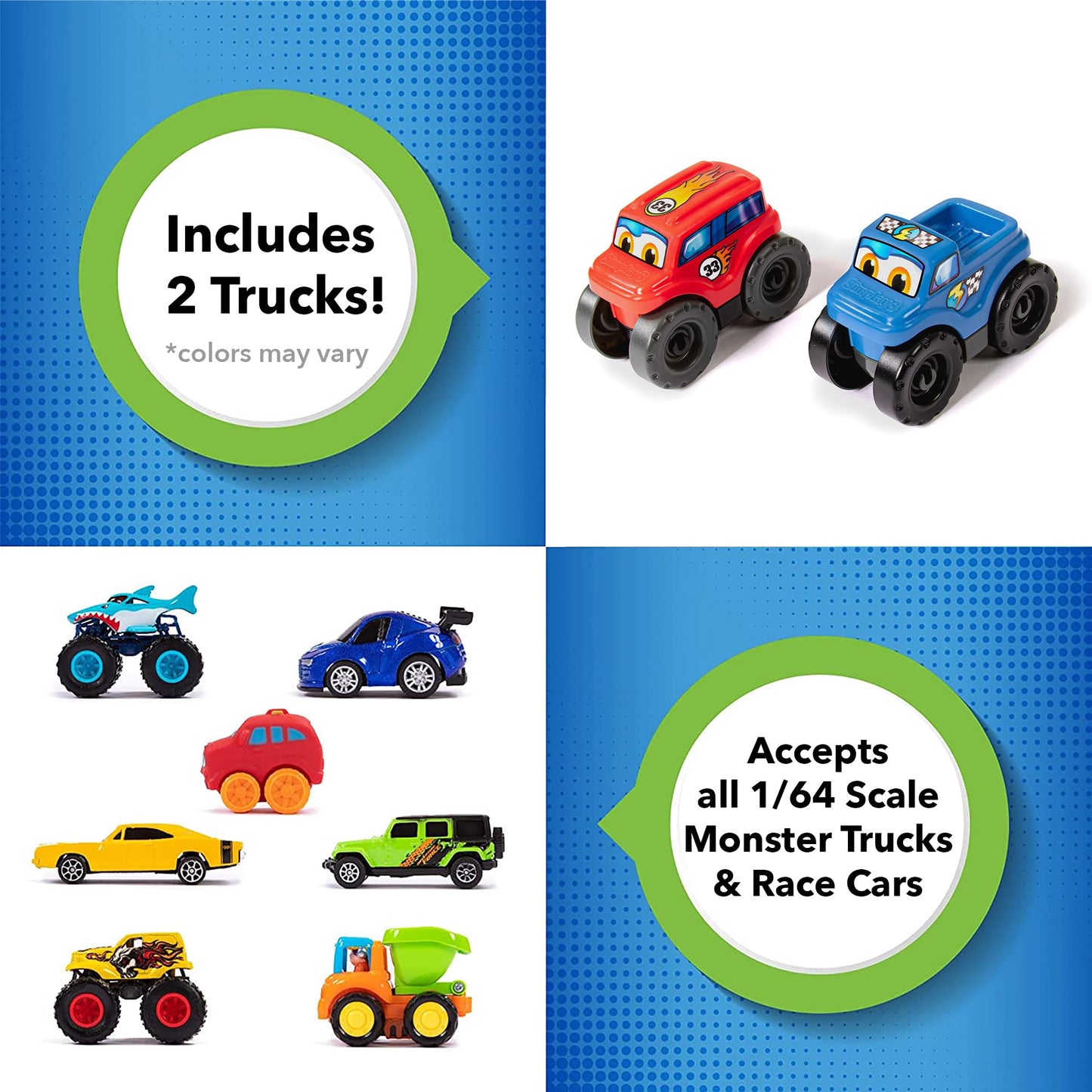 Simplay3 Monster City Extreme Wheels Car Race Track Table - 2 Sided Portable Kids Play Table with 2 Race Trucks - Red or Green - Made in USA